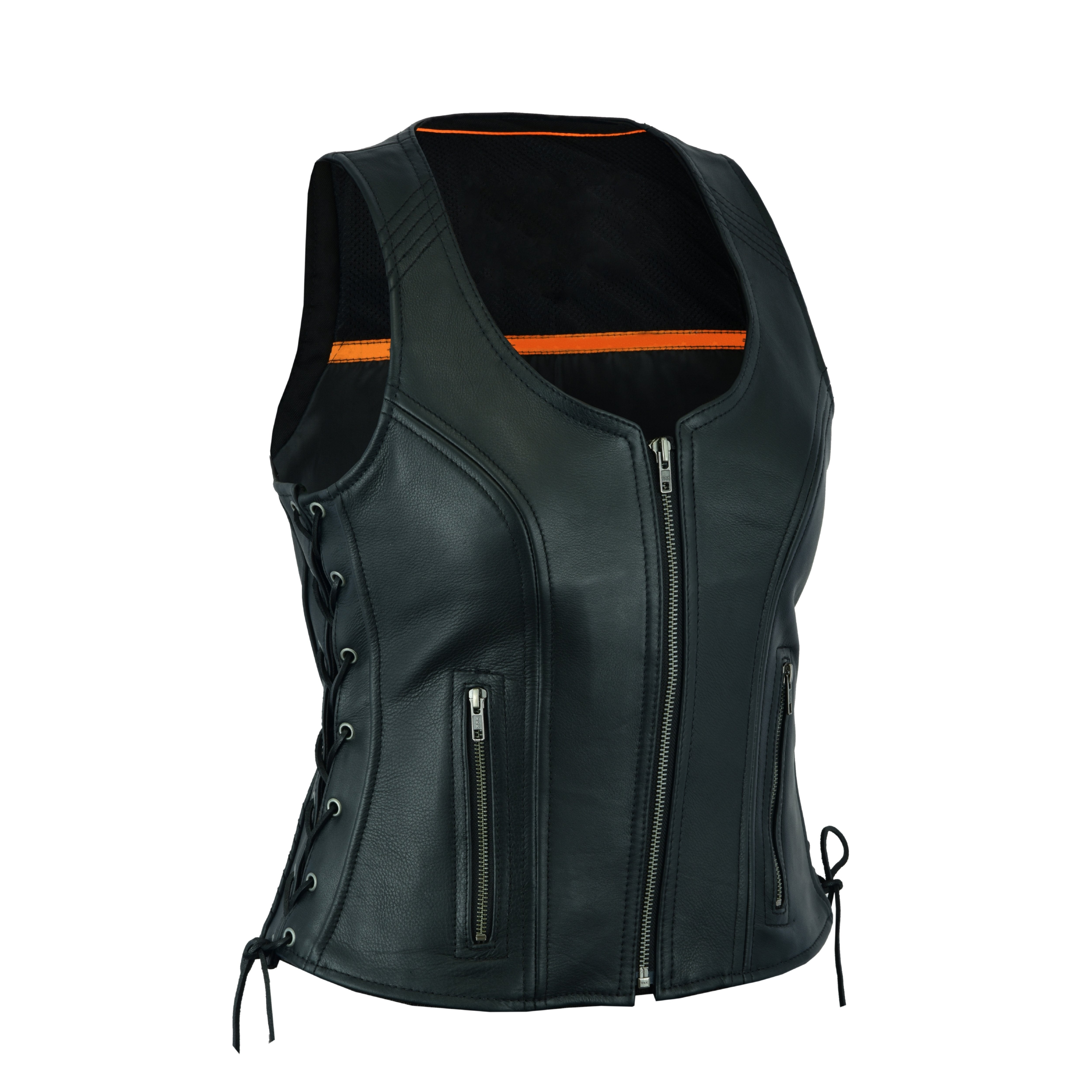 Women’s Black ‘Open Neck’ Motorcycle Leather Vest with Side Laces – Premium Biker Gear by Rexons
