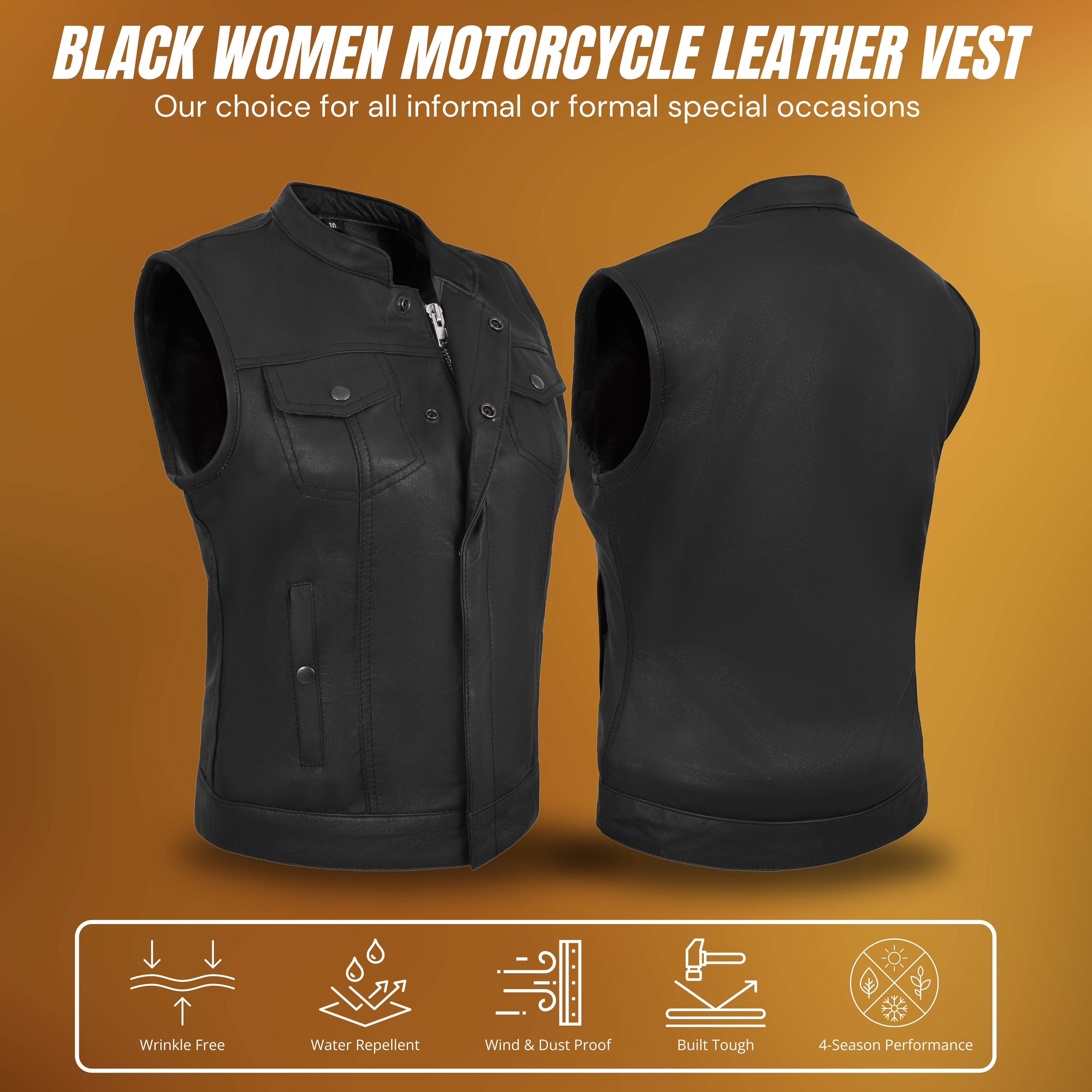 Women’s Black Vest – Premium Lamb Leather Biker Style by Rexons
