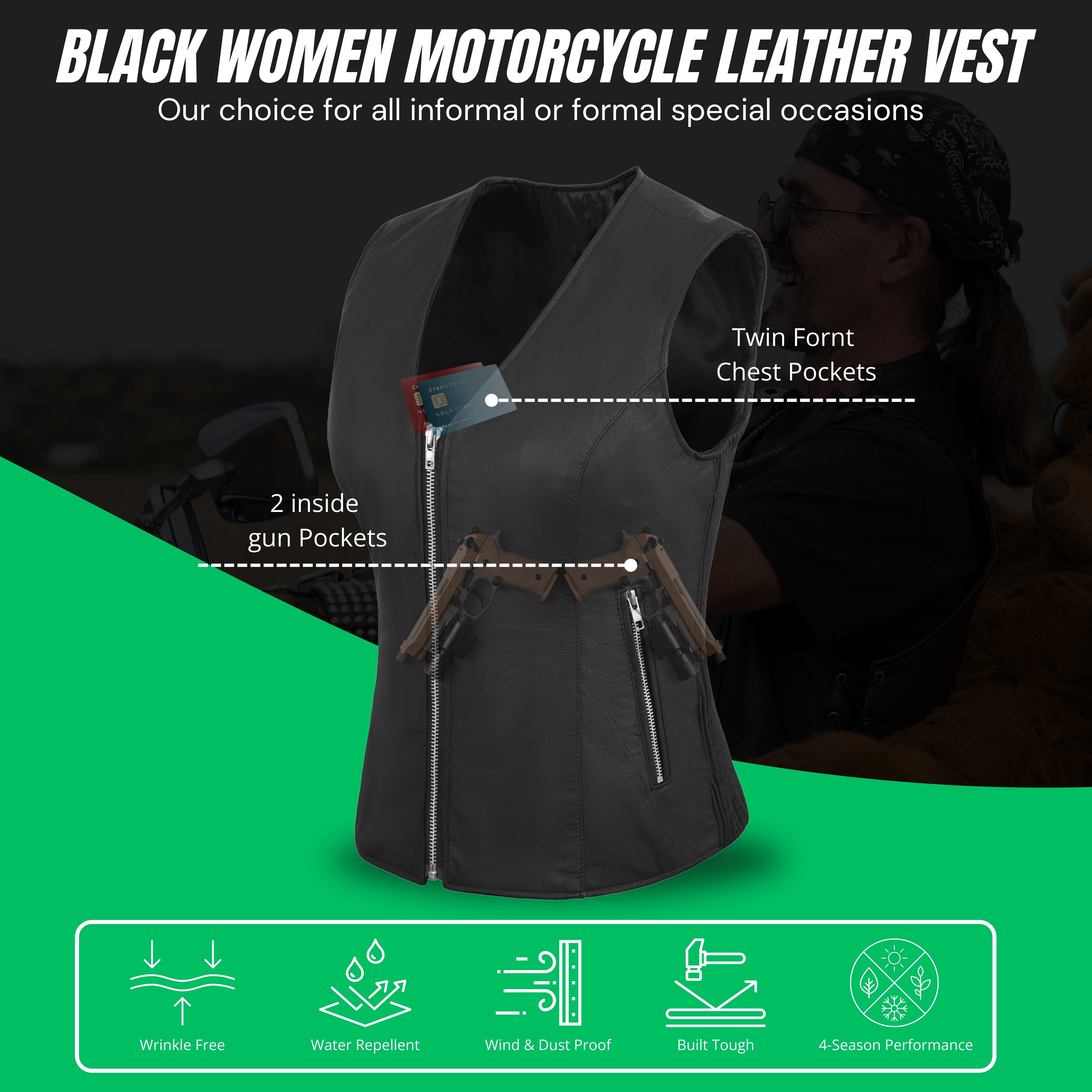 WCWV45841LMB Women’s Black Side Stretch Vest – Premium Lamb Leather by Rexons