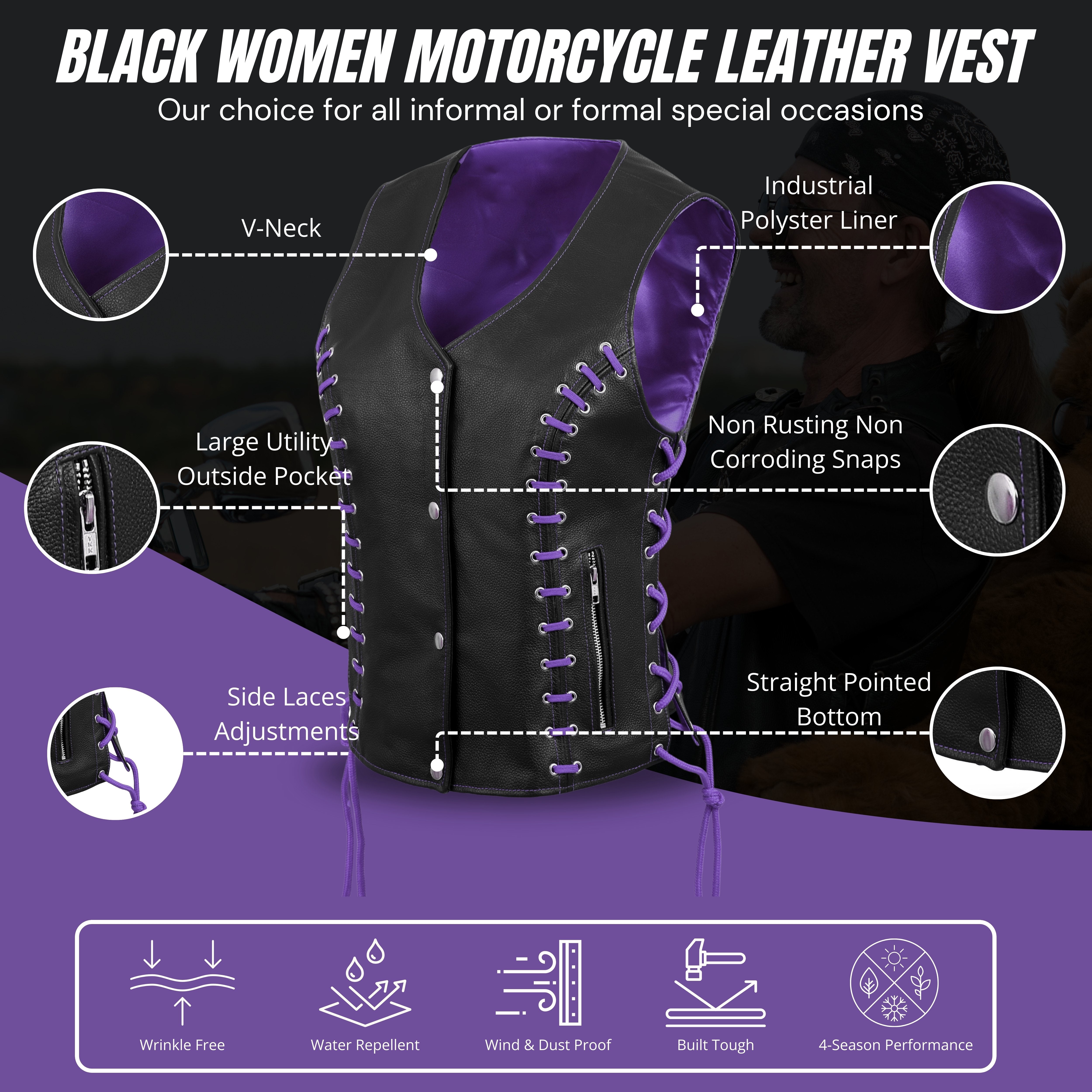 Women’s Side Lace Black Buffalo Leather Vest with Purple Thread & Eyelet Detailing – Rexons