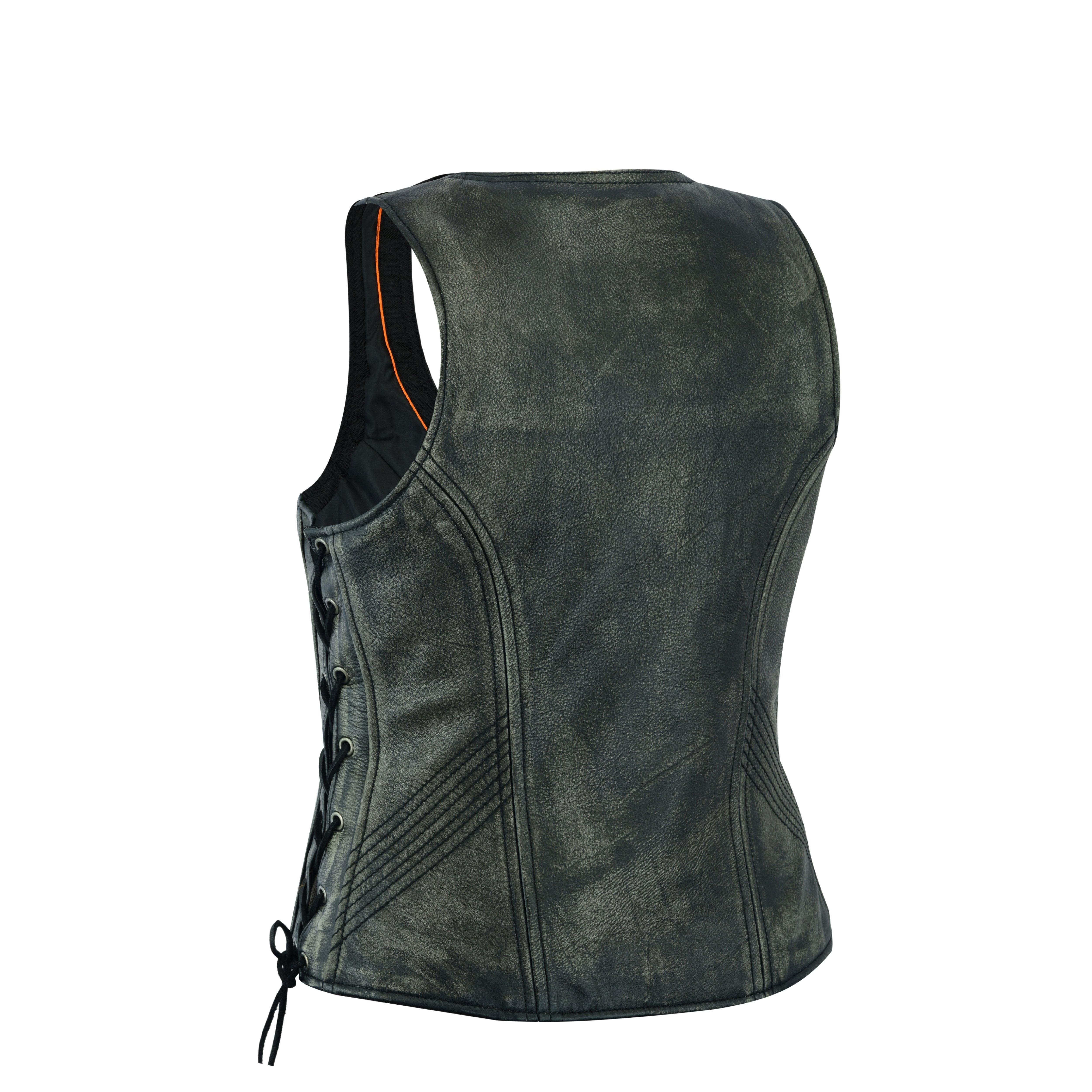 Distressed Grey ‘Open Neck’ Motorcycle Leather Vest with Side Laces – Premium Riderwear by Rexons