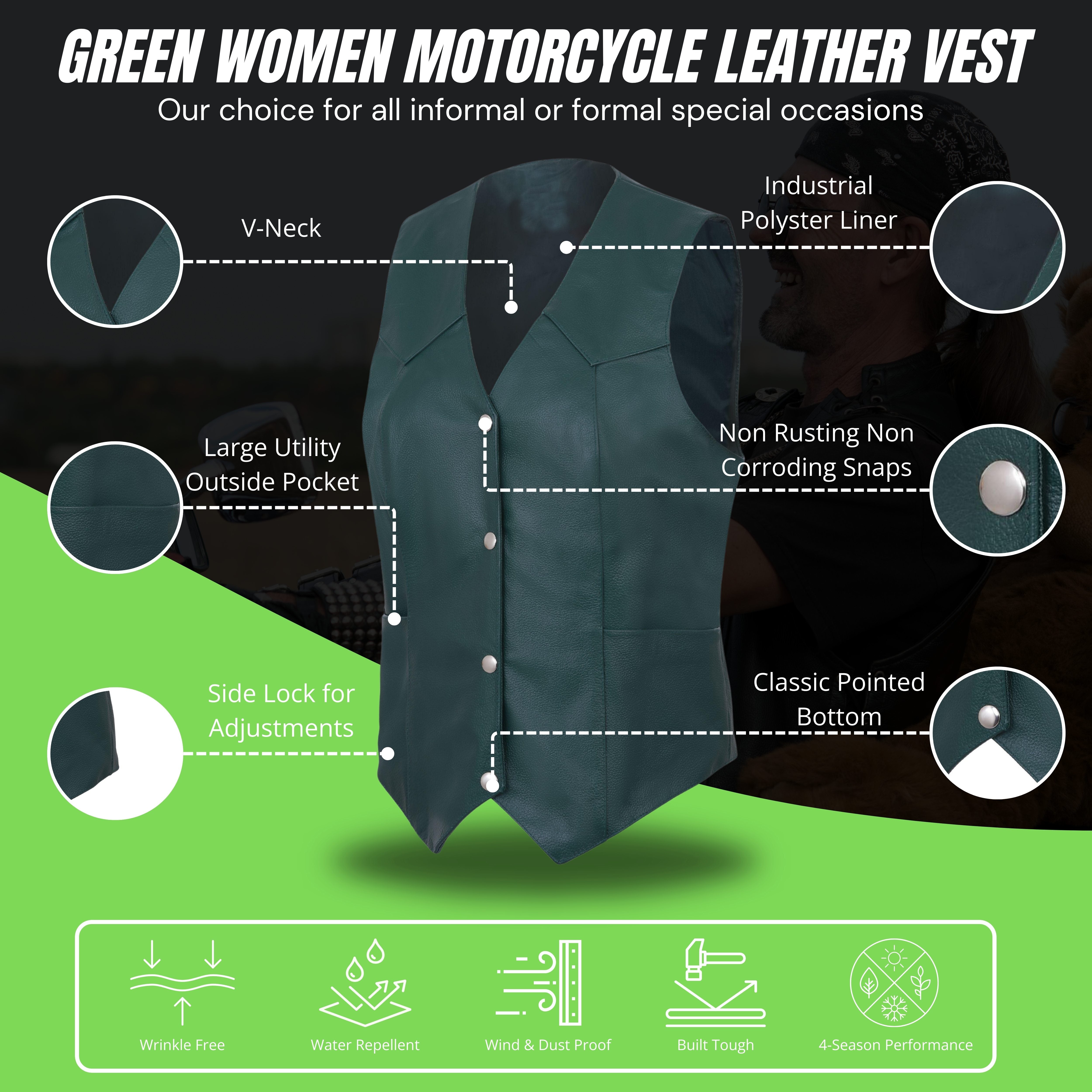 Women’s Soft Leather Motorcycle Biker Vest – Classic Sleeveless Riding Vest by Rexons