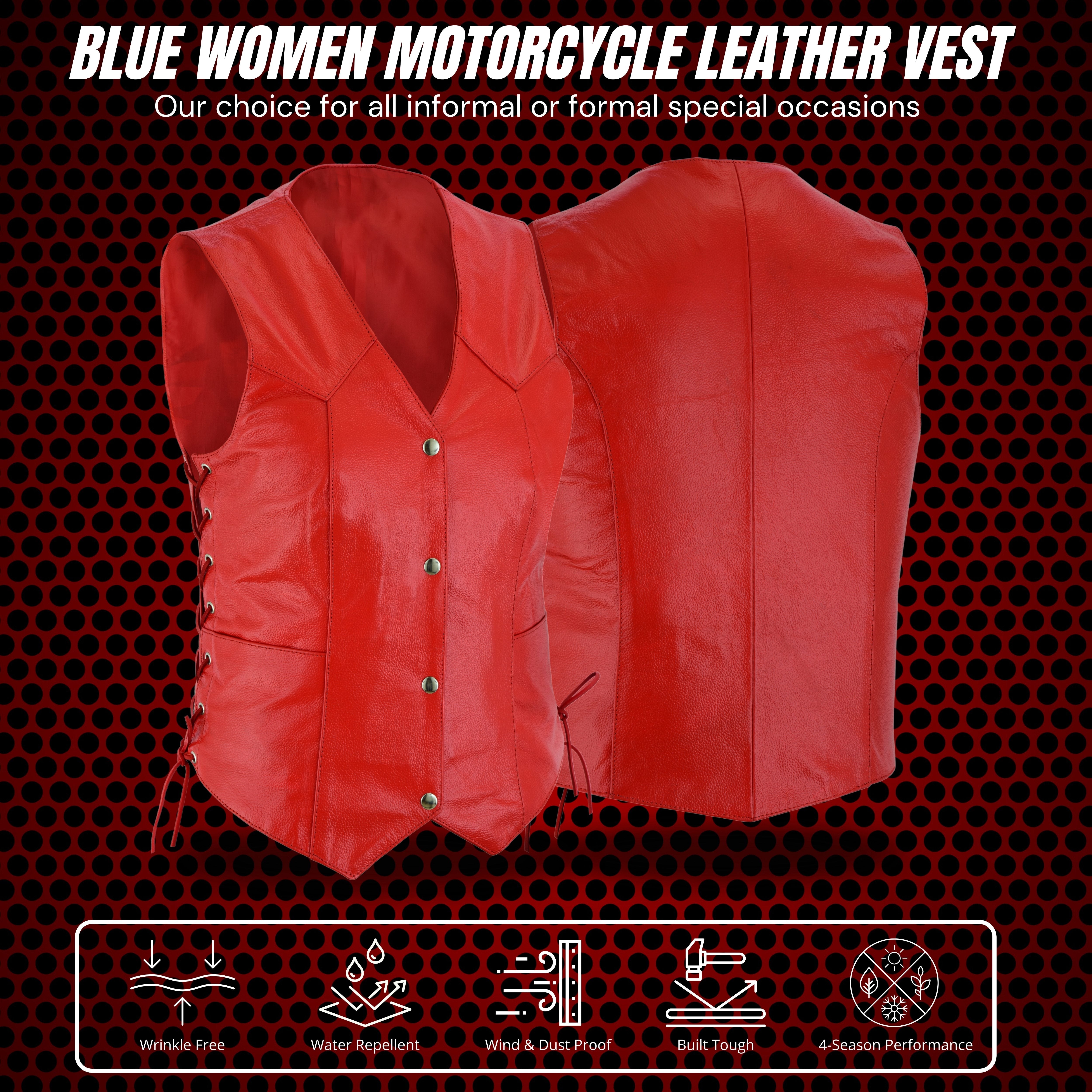 Women’s Red Soft Leather Biker Motorcycle Vest with Black Concealed Carry Pockets – by Rexons