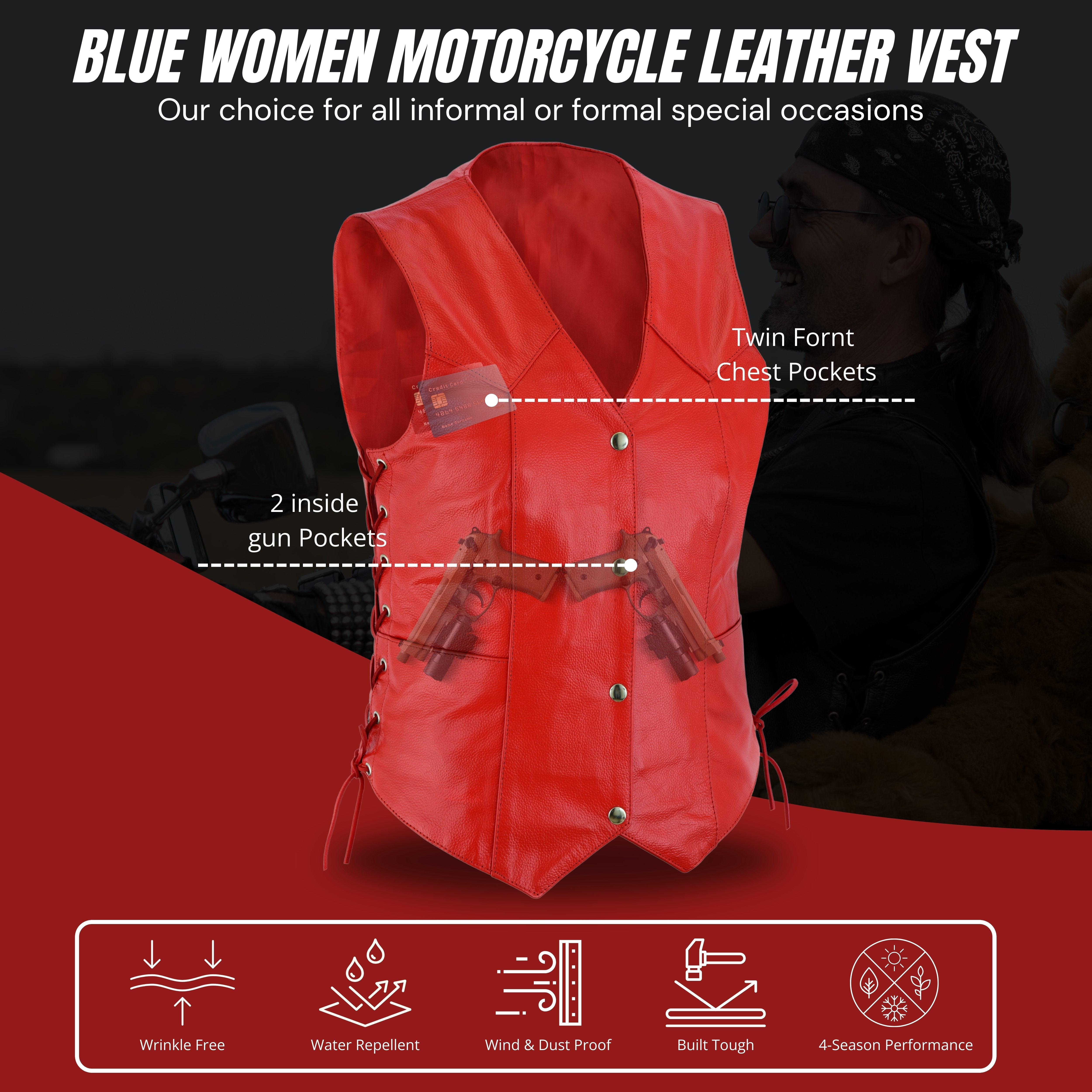 Women’s Red Soft Leather Biker Motorcycle Vest with Black Concealed Carry Pockets – by Rexons