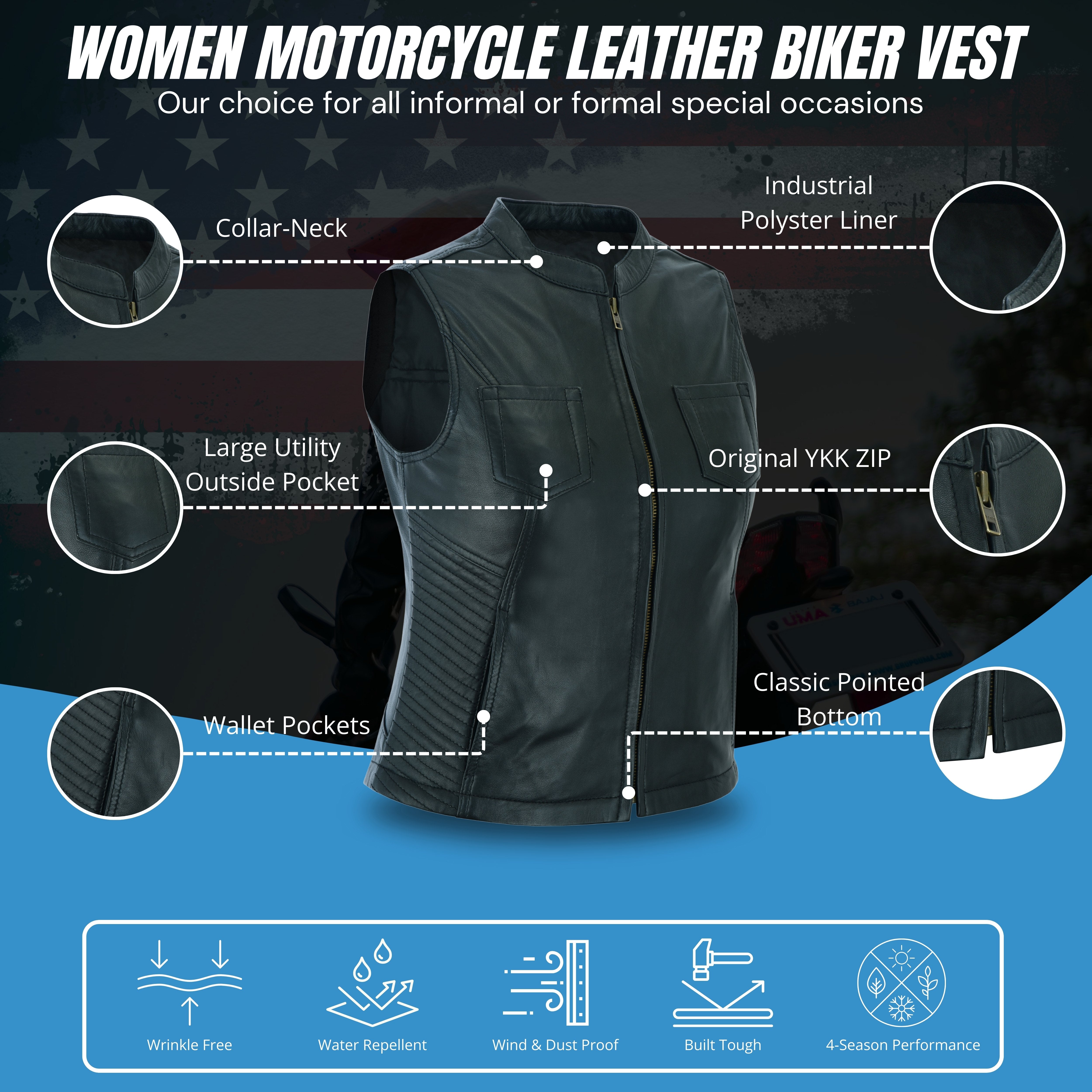 Women’s Leather Motorcycle Vest with Concealed Gun Pockets and Racer Collar – Tactical Clubwear by Rexons