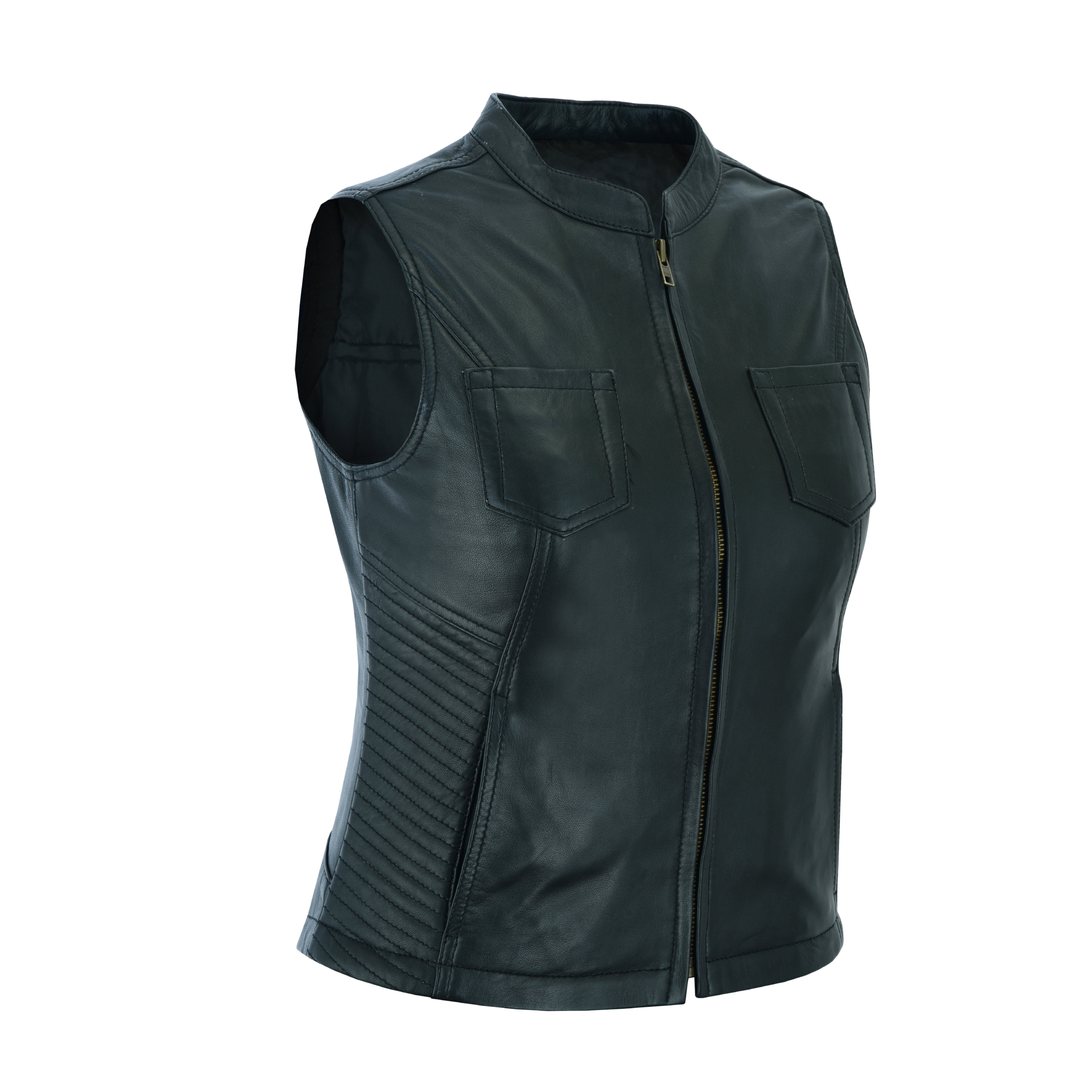 Women’s Leather Motorcycle Vest with Concealed Gun Pockets and Racer Collar – Tactical Clubwear by Rexons