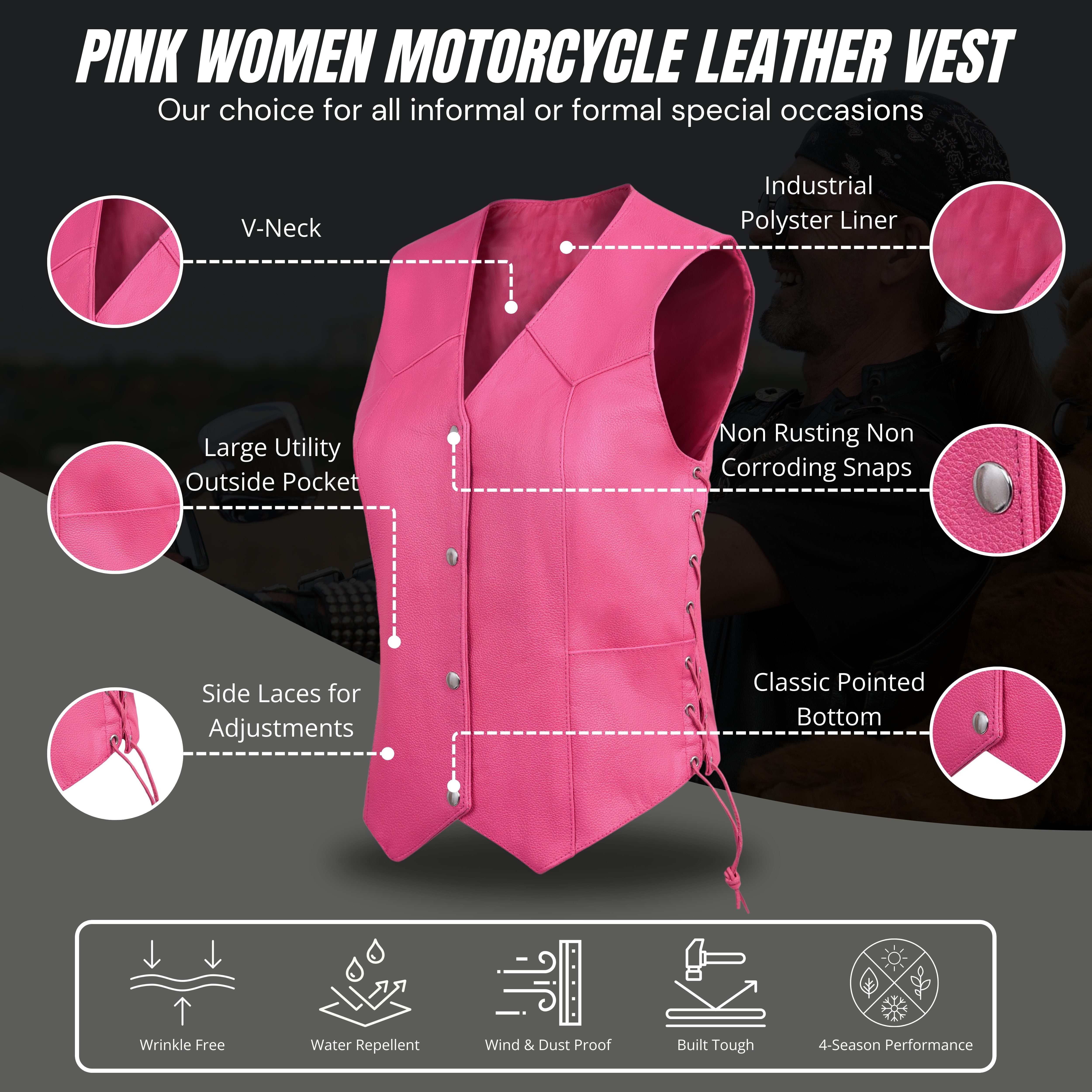 Women’s Pink Western Leather Vest with Side Lacing – Handmade by Rexons | All Colors Available