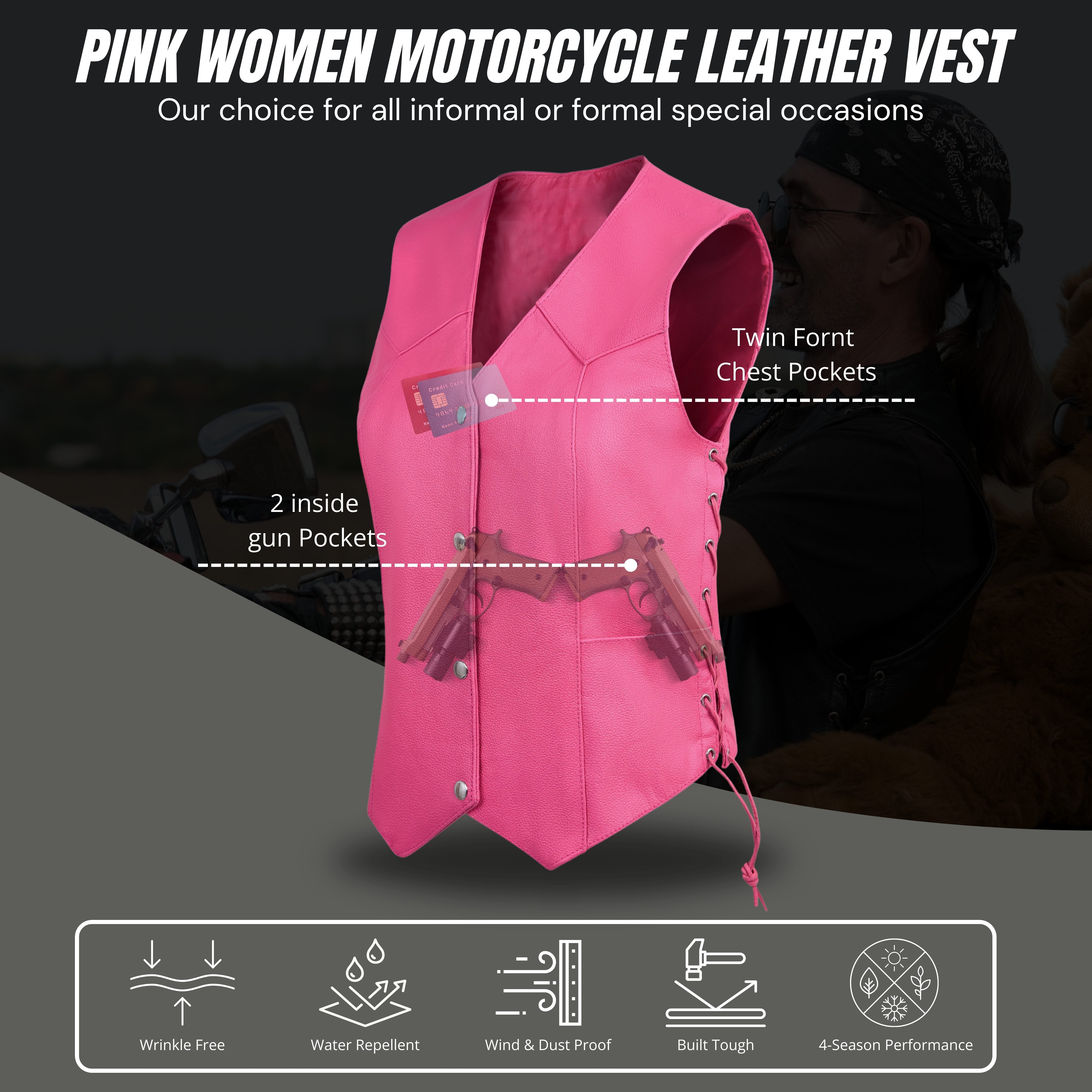 Women’s Pink Western Leather Vest with Side Lacing – Handmade by Rexons | All Colors Available