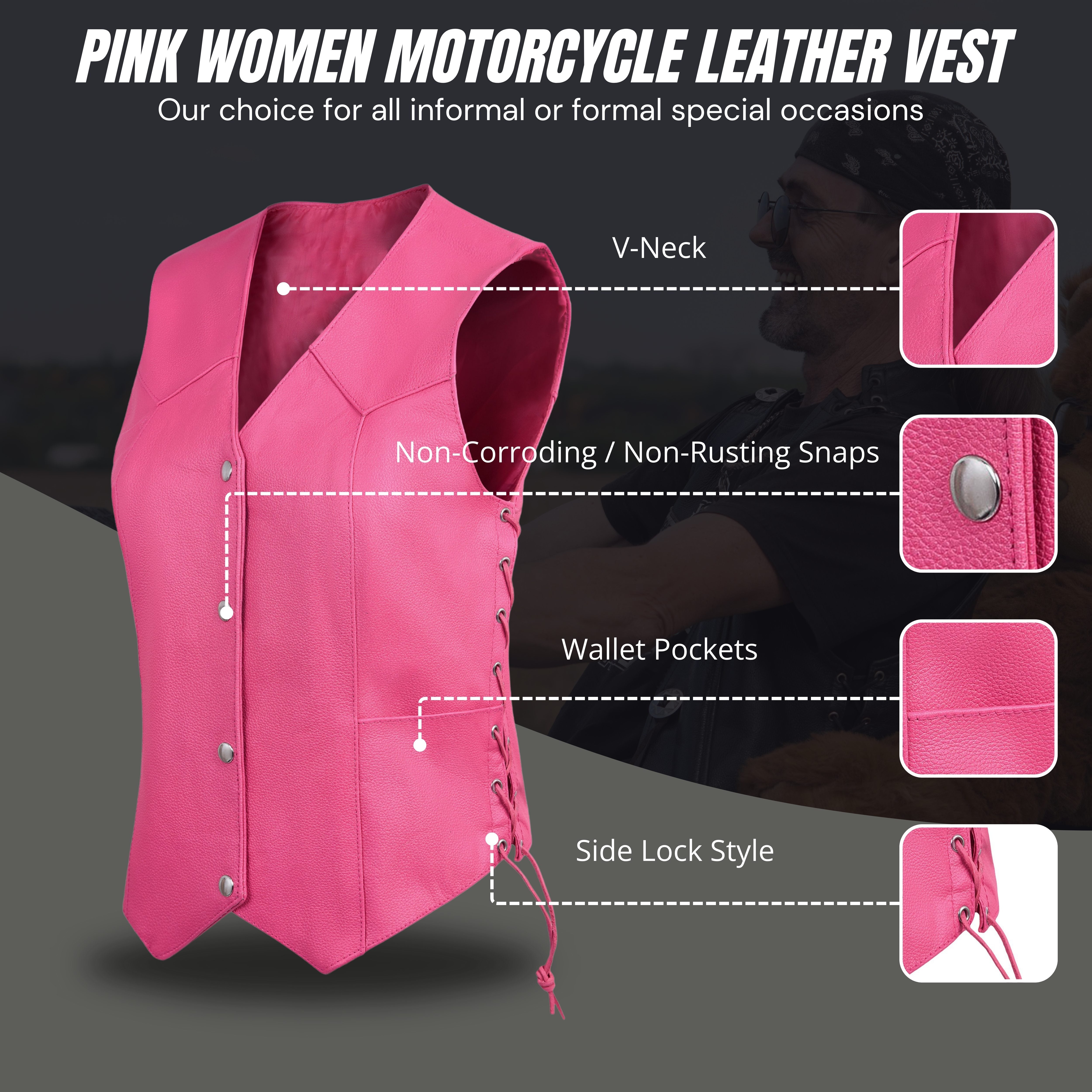 Women’s Pink Western Leather Vest with Side Lacing – Handmade by Rexons | All Colors Available