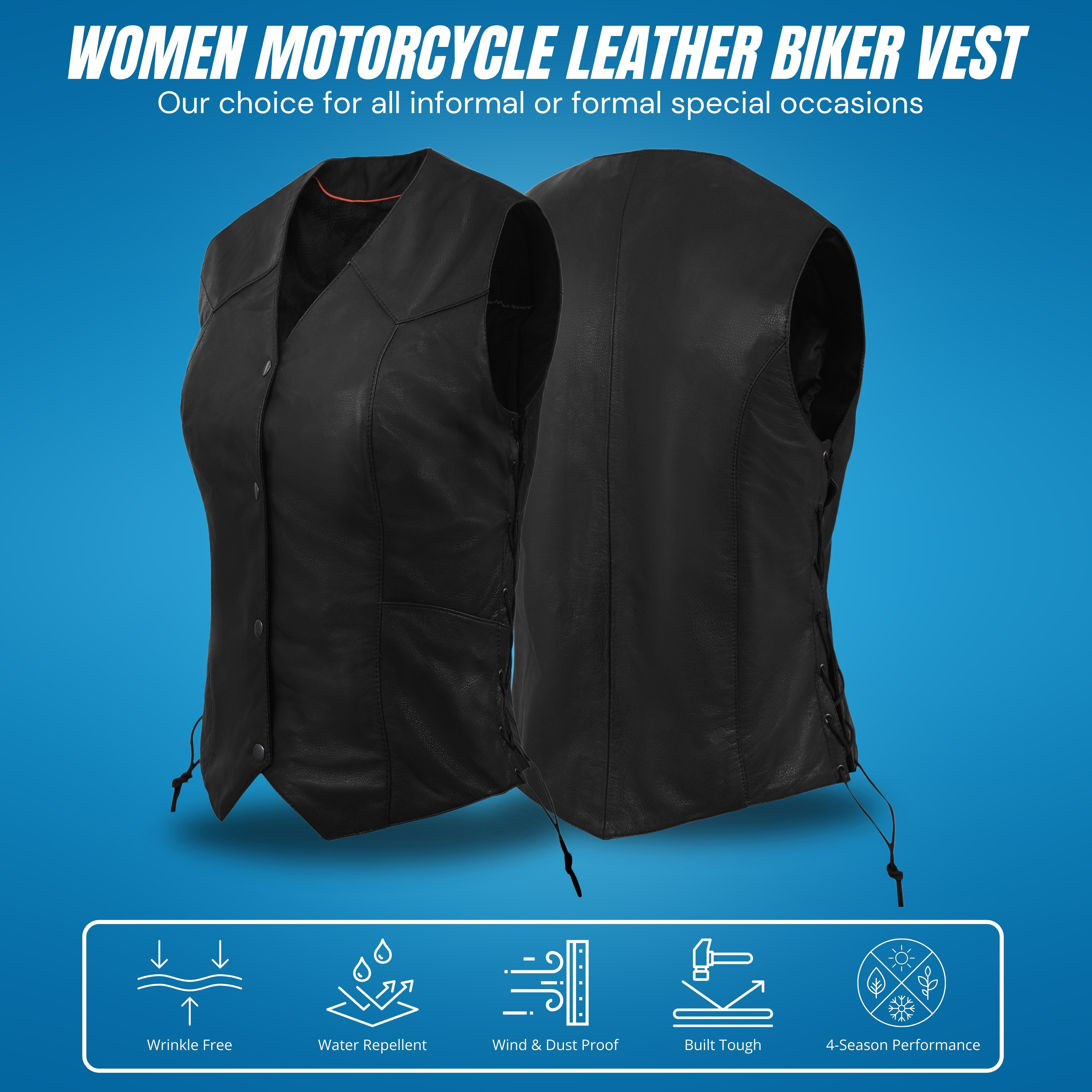 Women’s Classic Biker Motorcycle Vest – Genuine Cowhide Leather with Side Lace by Rexons