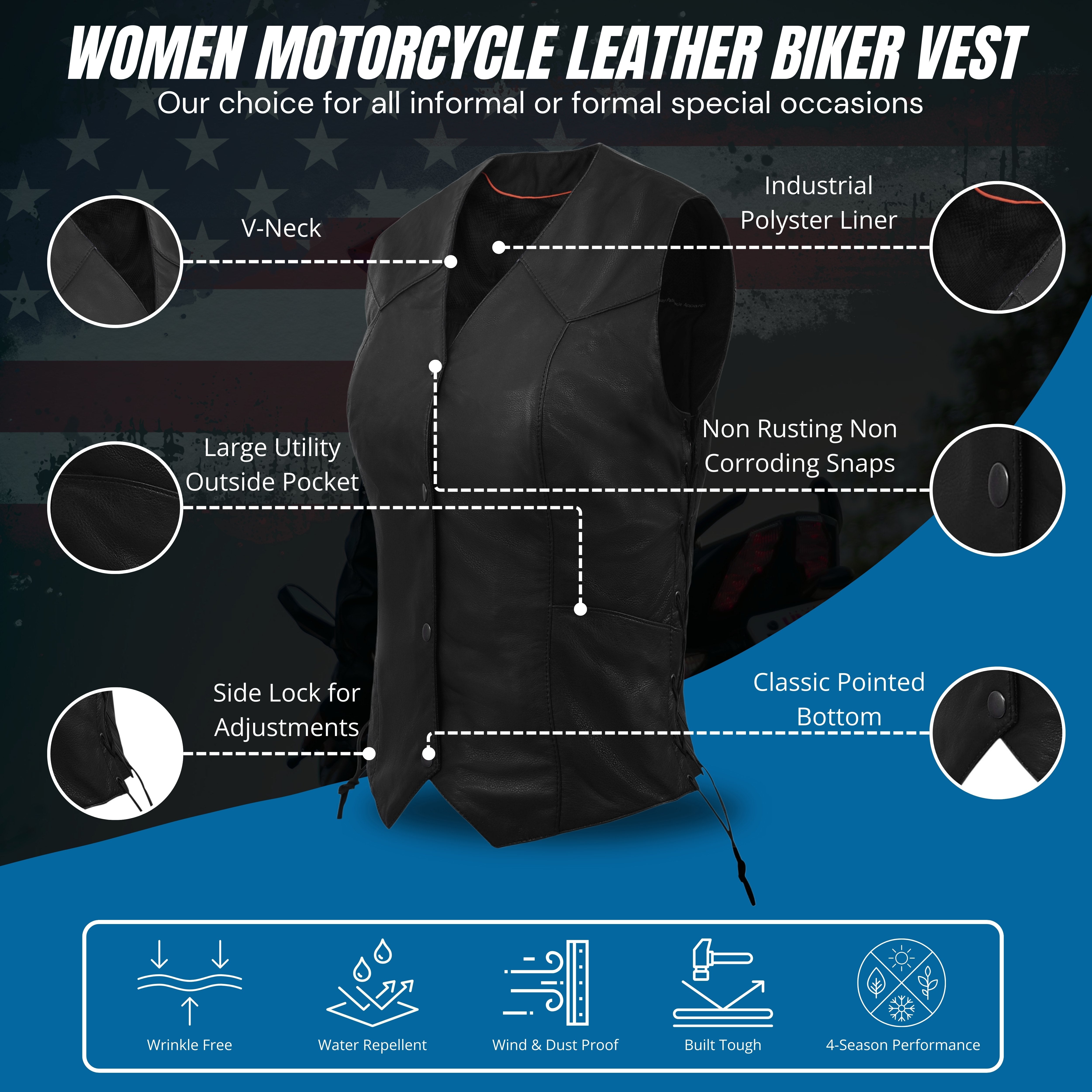 Women’s Classic Biker Motorcycle Vest – Genuine Cowhide Leather with Side Lace by Rexons