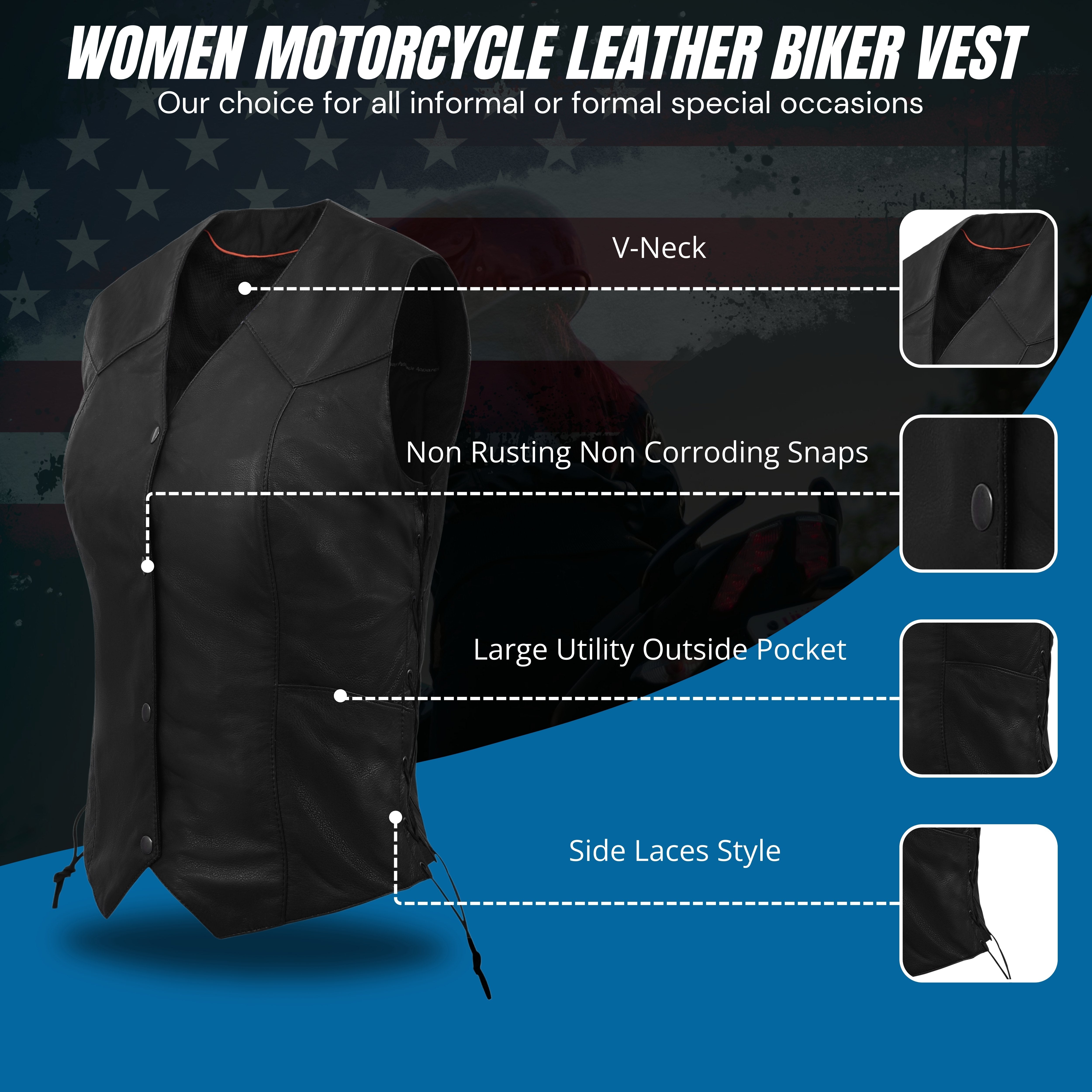 Women’s Classic Biker Motorcycle Vest – Genuine Cowhide Leather with Side Lace by Rexons