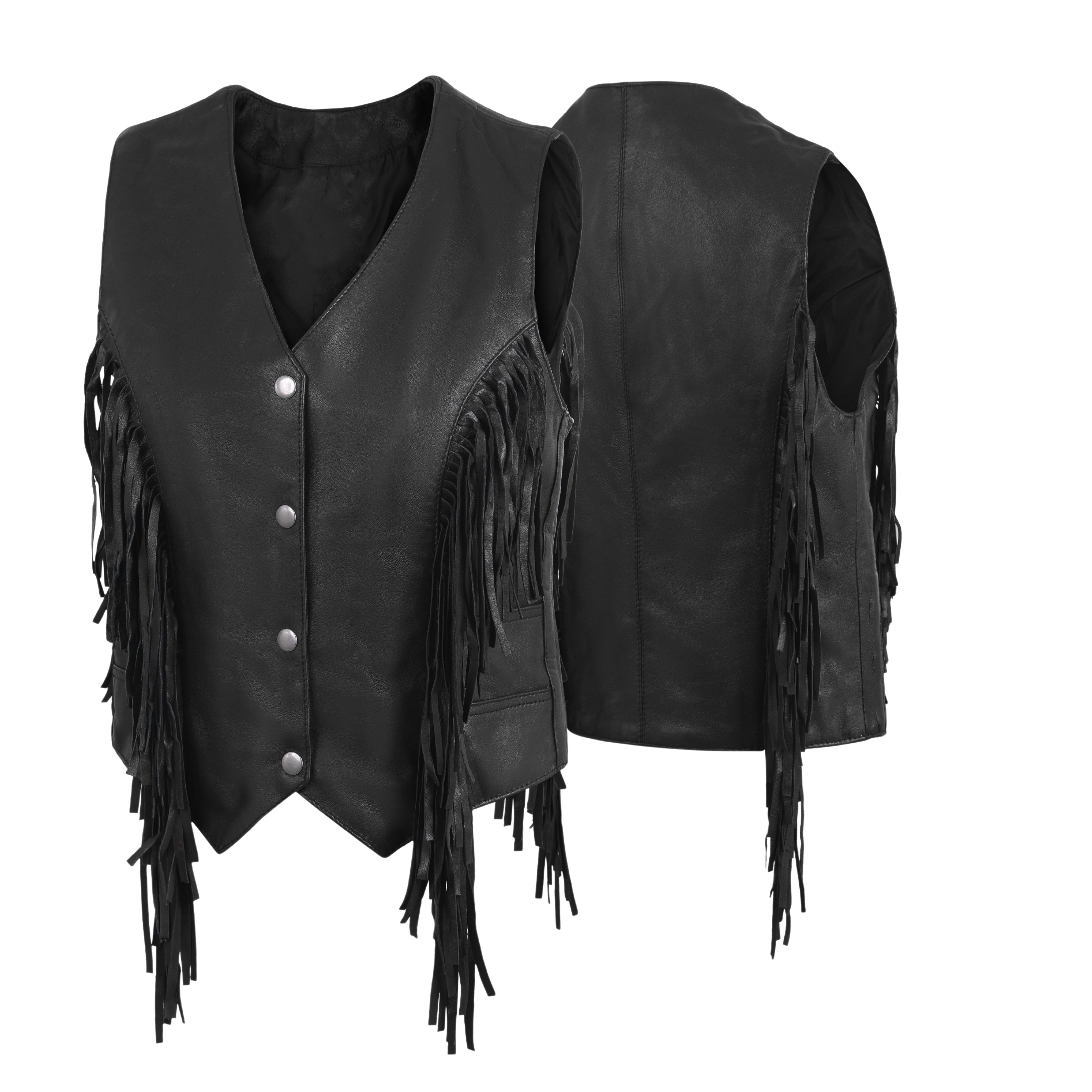 Women’s Side Lace Fringe Vest – Black M/O Buffalo Leather by Rexons