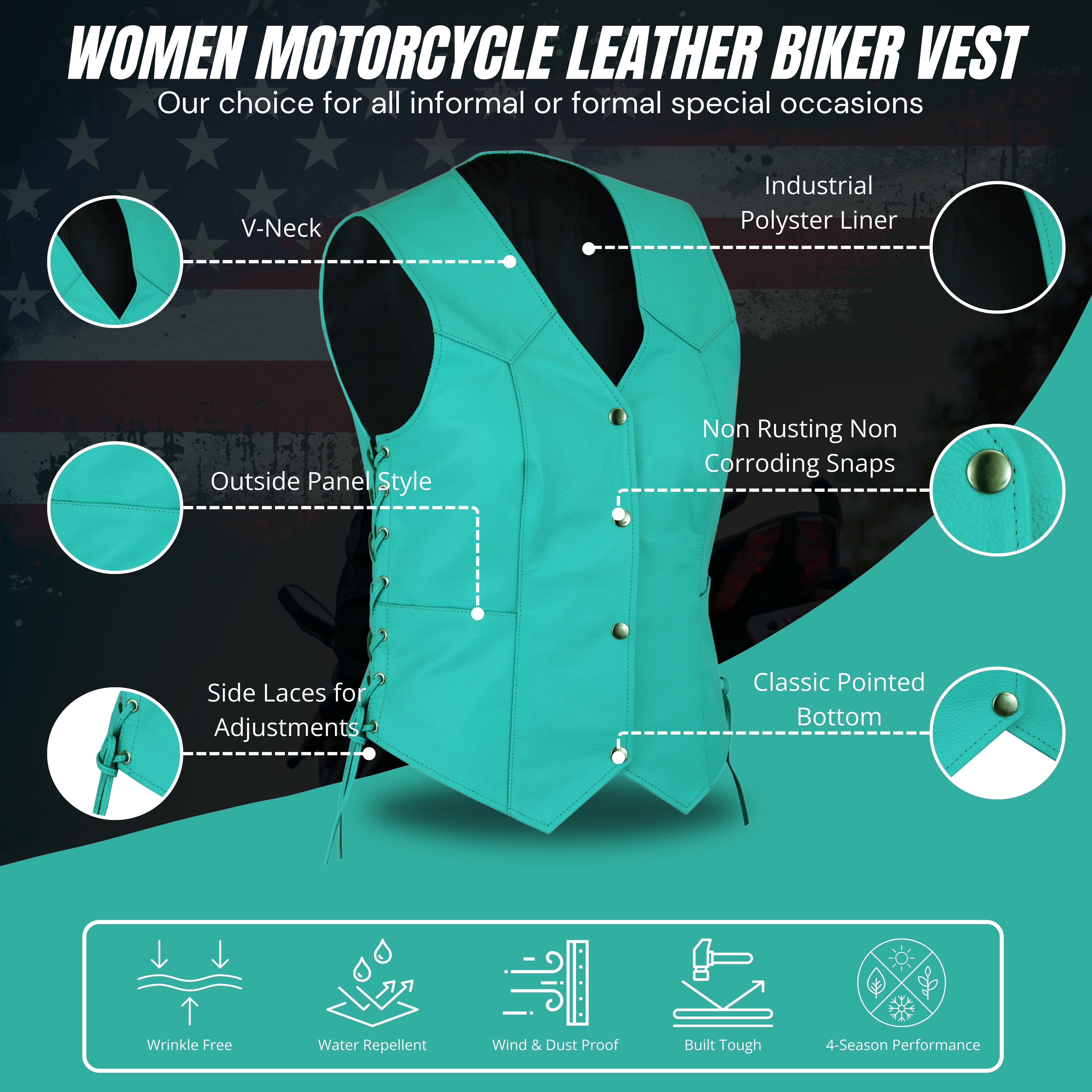 Teal Leather Side-Laced Club Vest for Women – Concealed Gun Pockets by Rexons