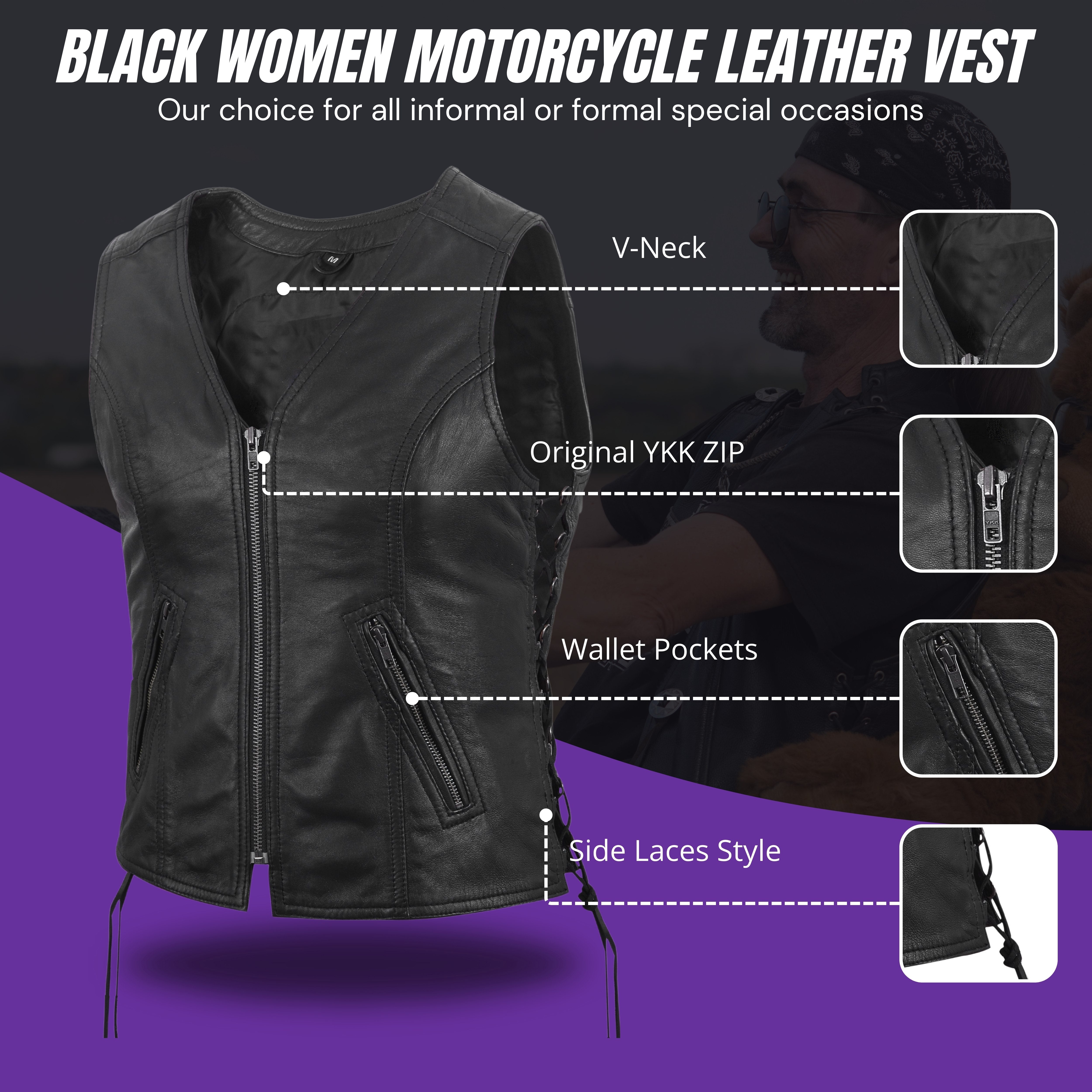 Women's Motorcycle Leather Vest – Black Lambskin with Front Zipper & Side Lace – by Rexons