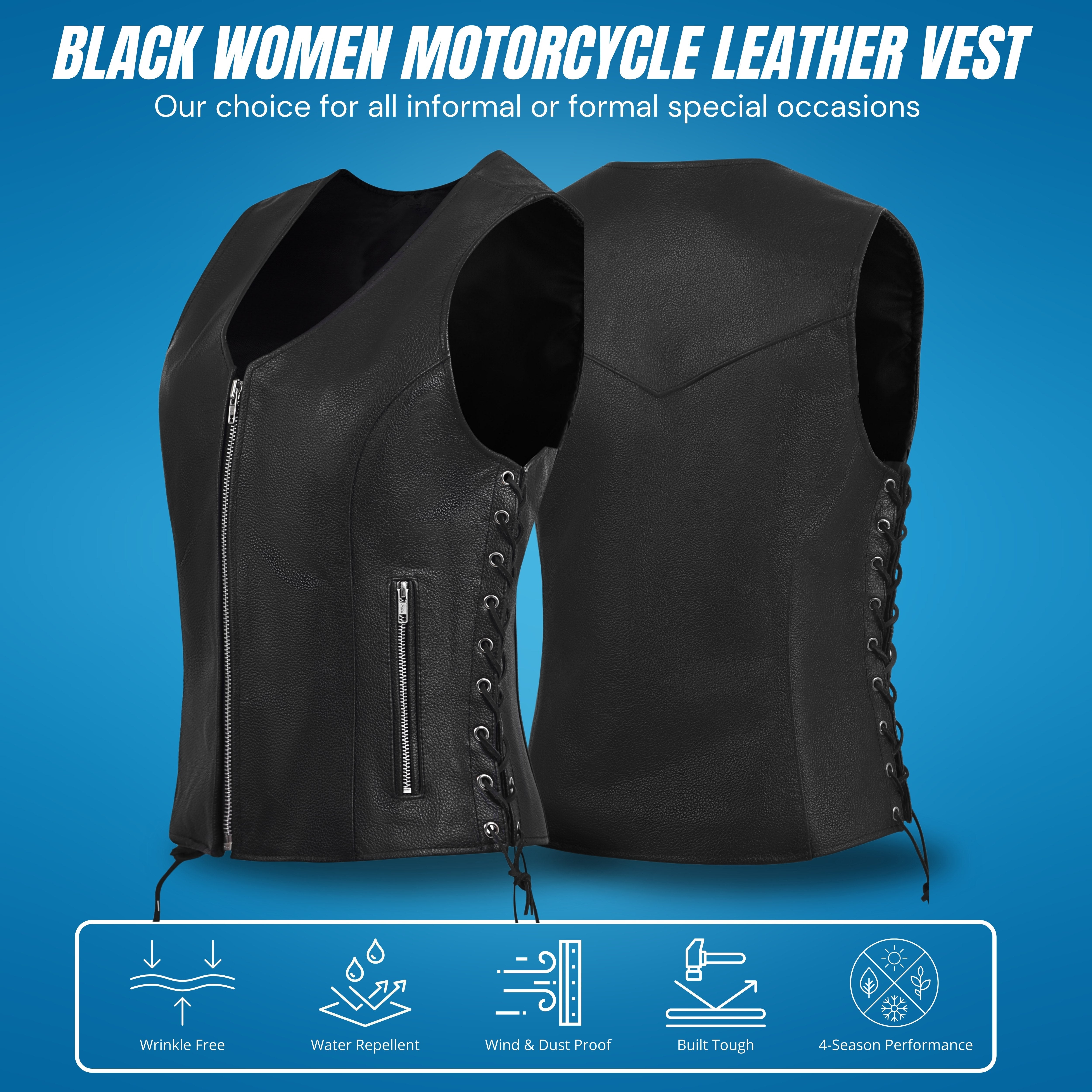 Women's Black Leather Motorcycle Vest with Front Zipper & Side Lace – by Rexons