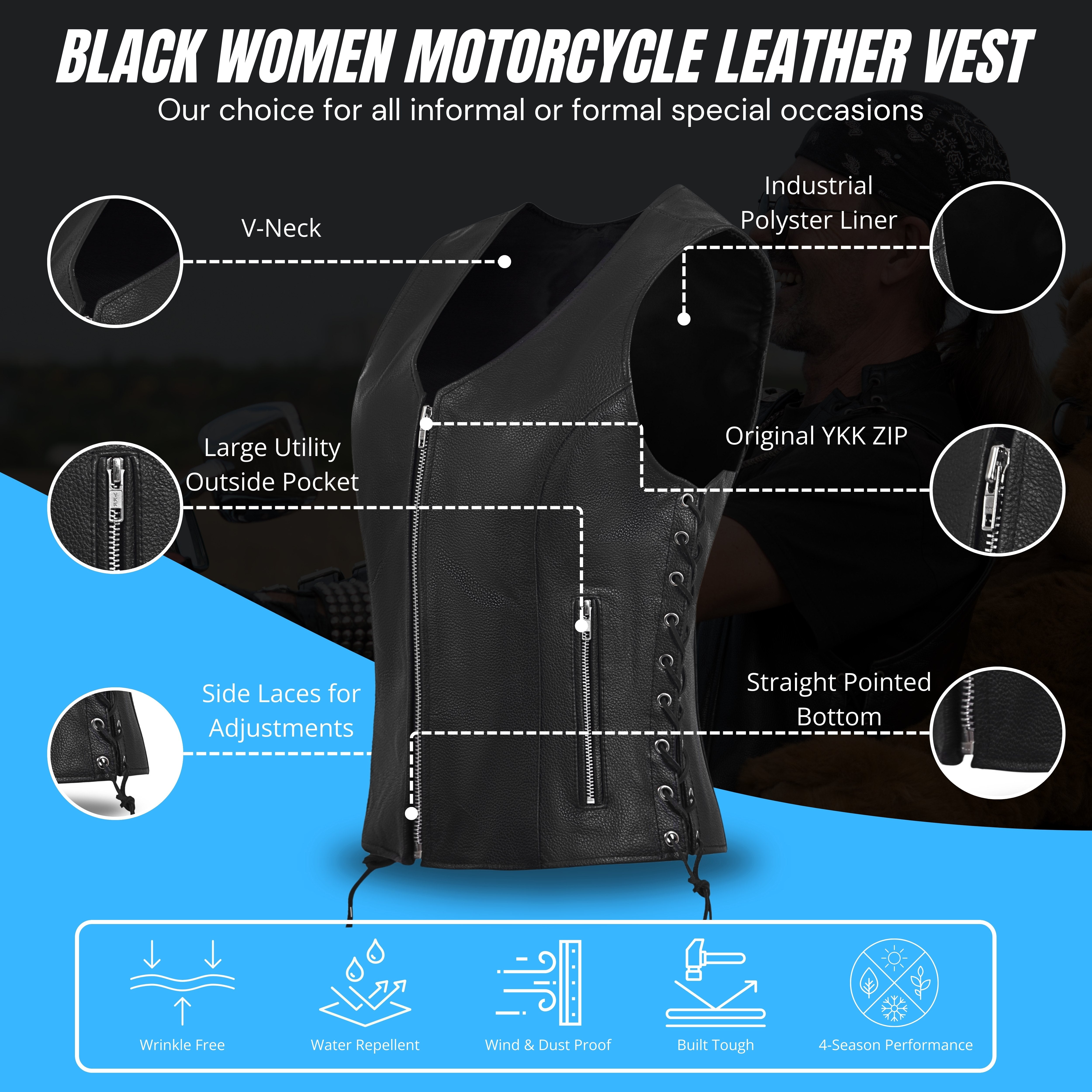 Women's Black Leather Motorcycle Vest with Front Zipper & Side Lace – by Rexons