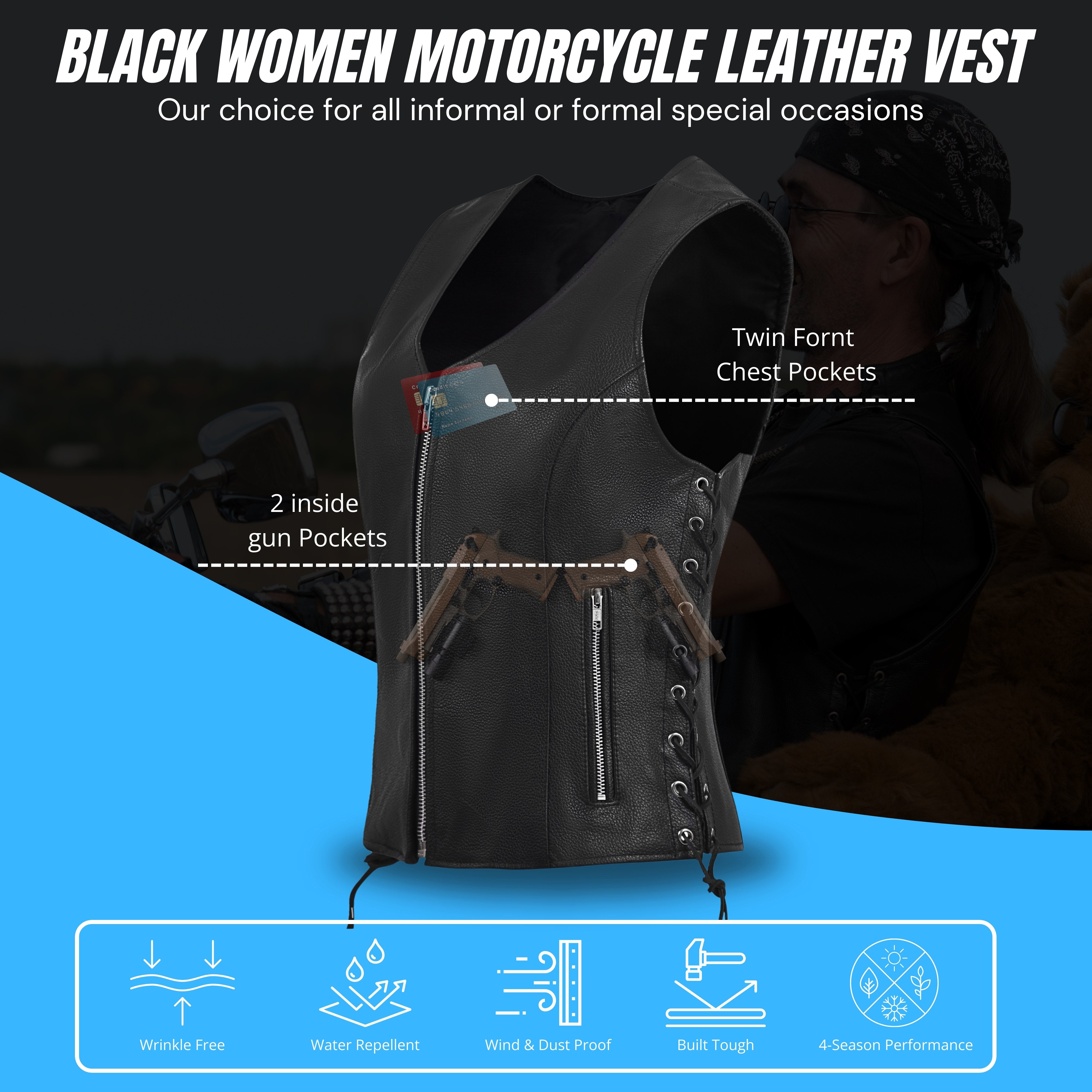 Women's Black Leather Motorcycle Vest with Front Zipper & Side Lace – by Rexons