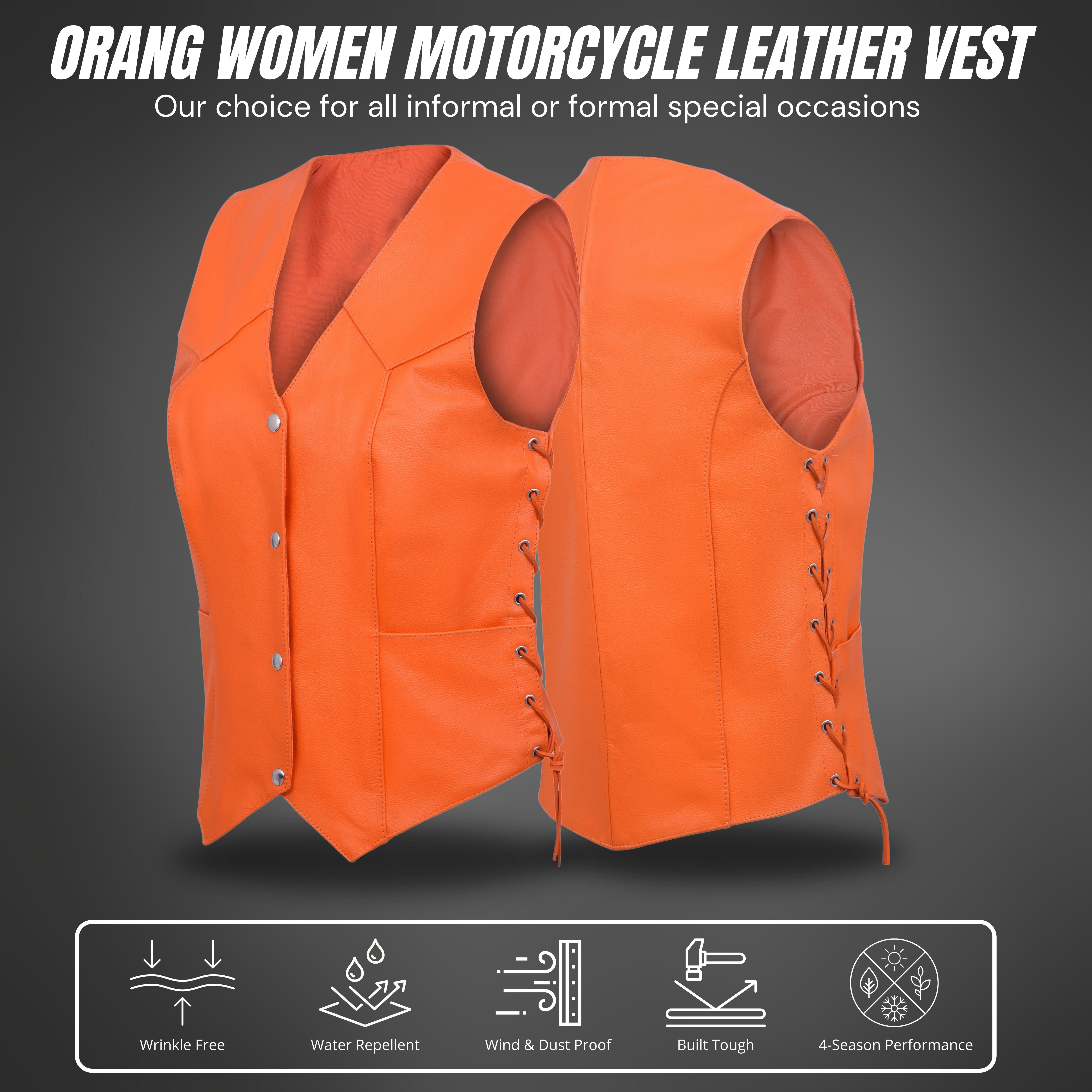 Damen Biker Motorradweste aus Orange Echtleder mit verdecktem Tragen – Club Style von Rexons