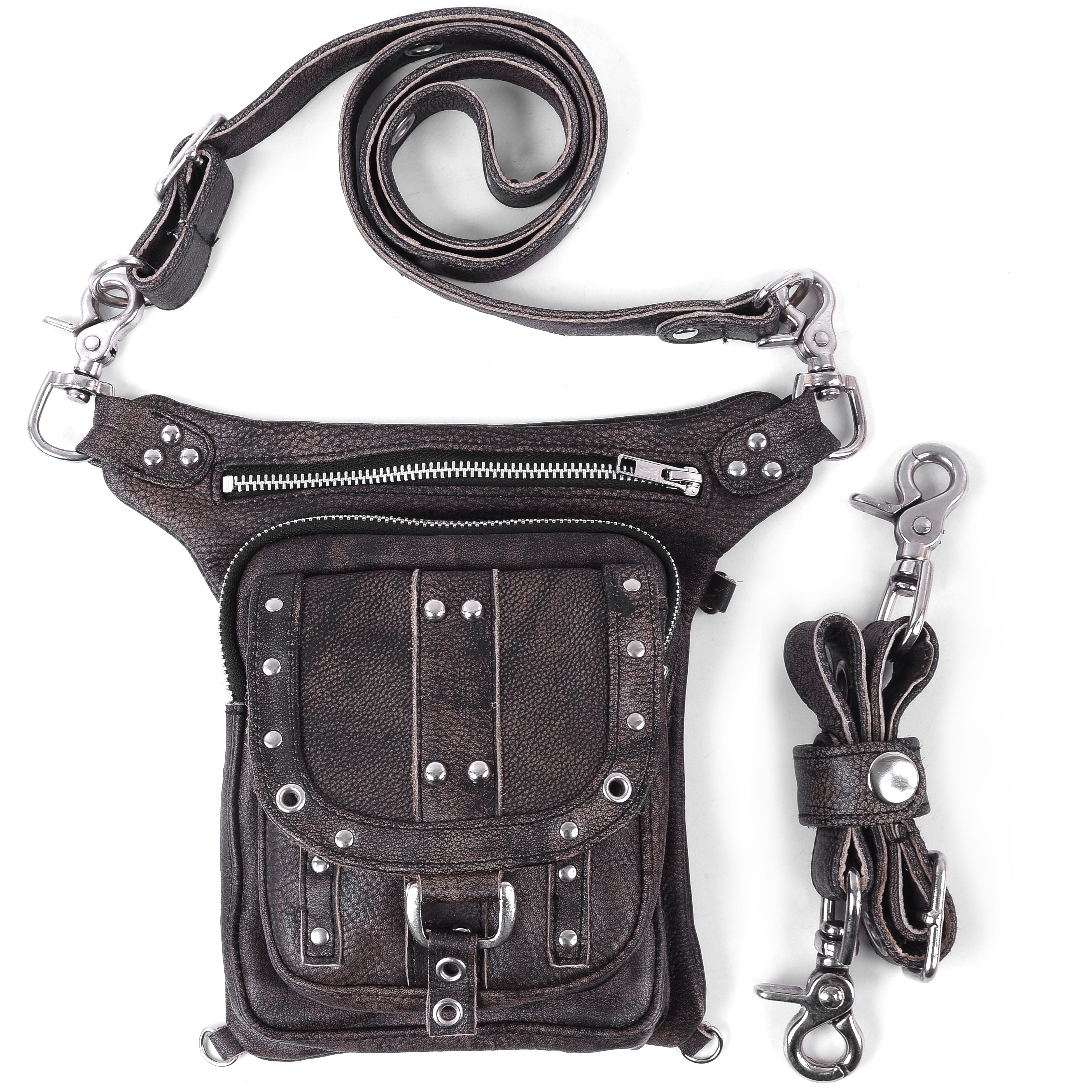 Distressed Brown Drop Leg Fanny Waist Leather Bag