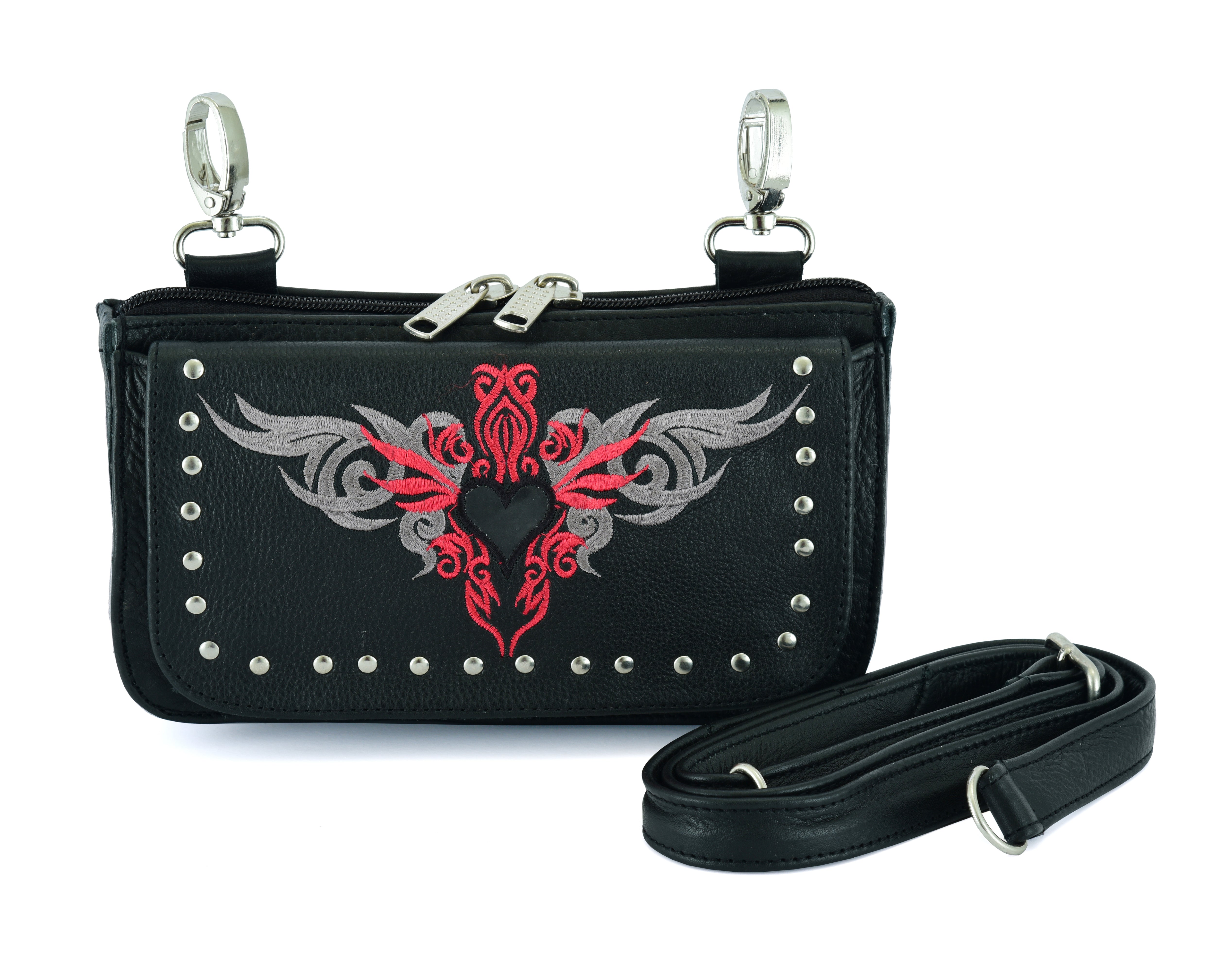Biker Red Tribal Heart Embroidered Hip Clip Leather Bag