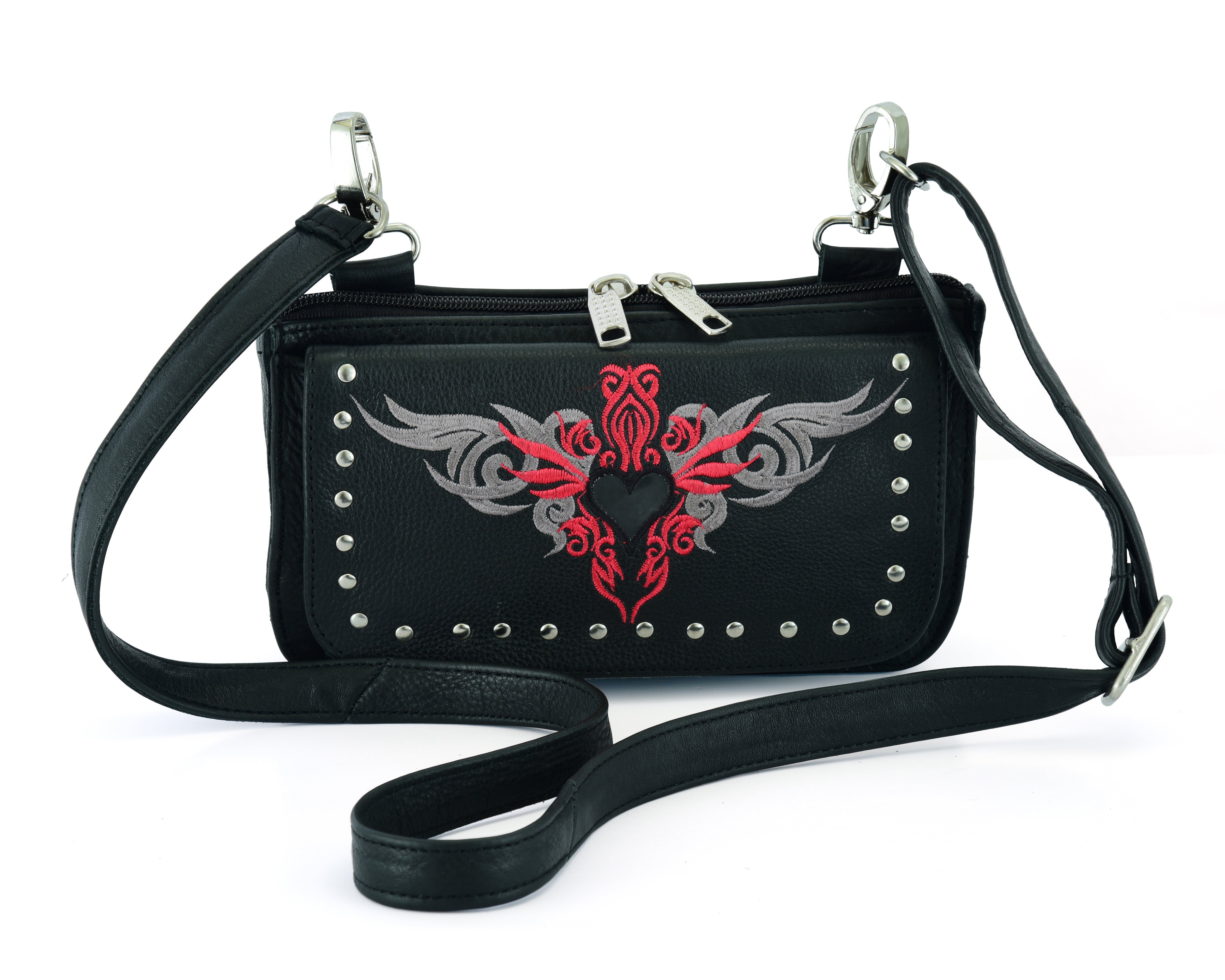 Biker Red Tribal Heart Embroidered Hip Clip Leather Bag