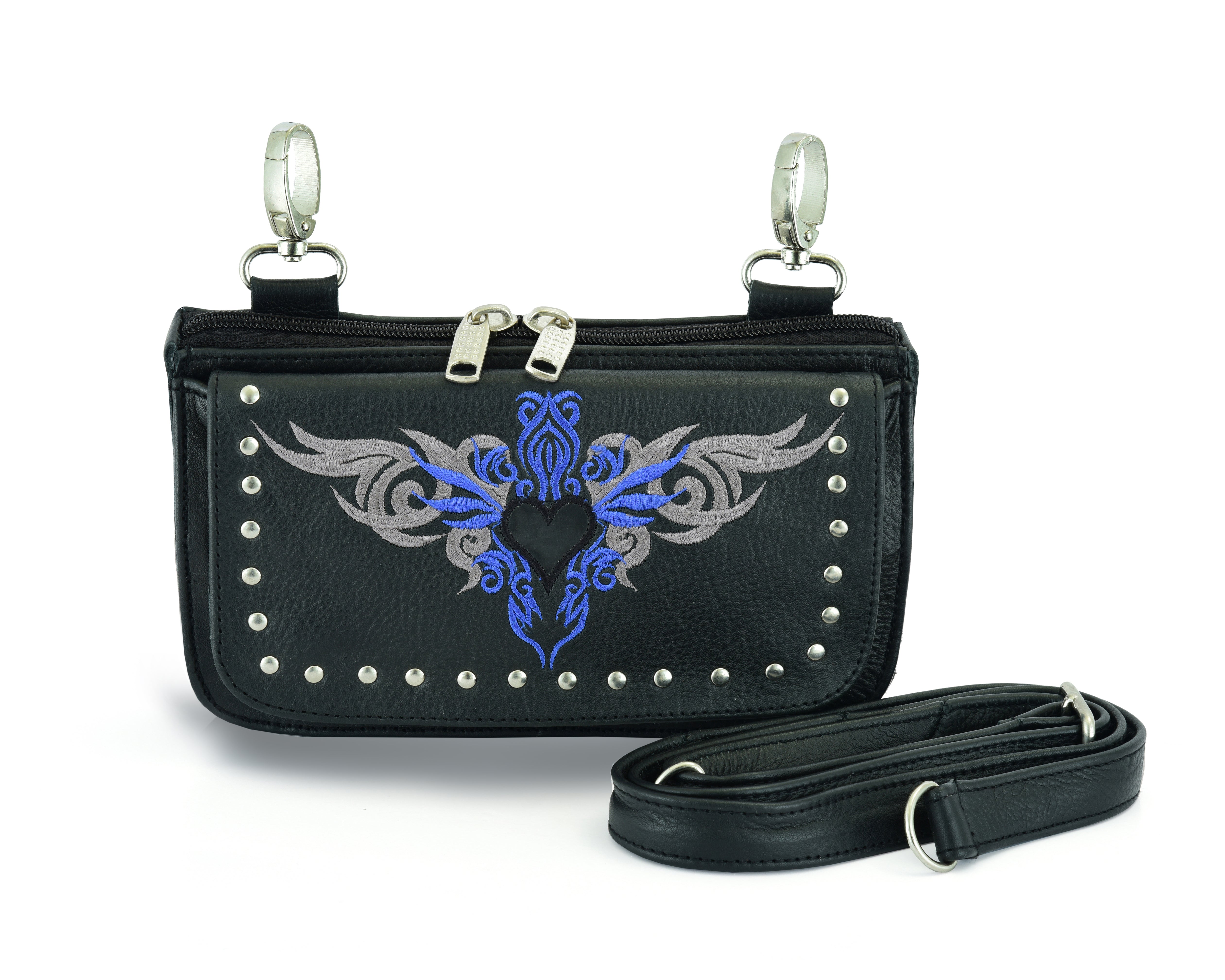 Biker Blue Tribal Heart Embroidered Hip Clip Leather bag