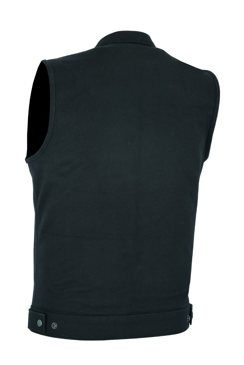 Men SOA Denim Black Vest Club Cut Outlaw Anarchist mc Biker Vest