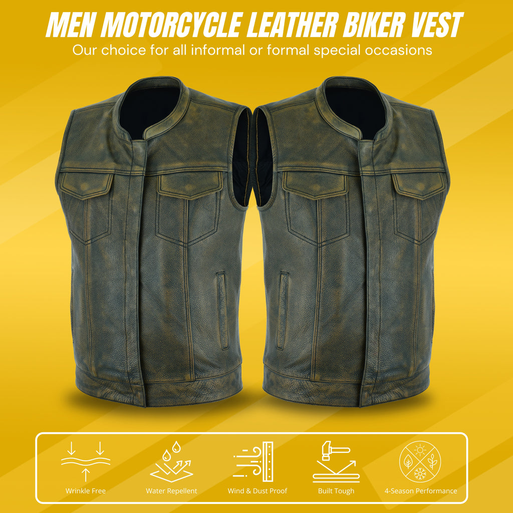 Men's Club Style Motorcycle Vest – Premium Beige Brown Leather Biker Vest with Concealed Gun Pockets and Patch-Ready Back