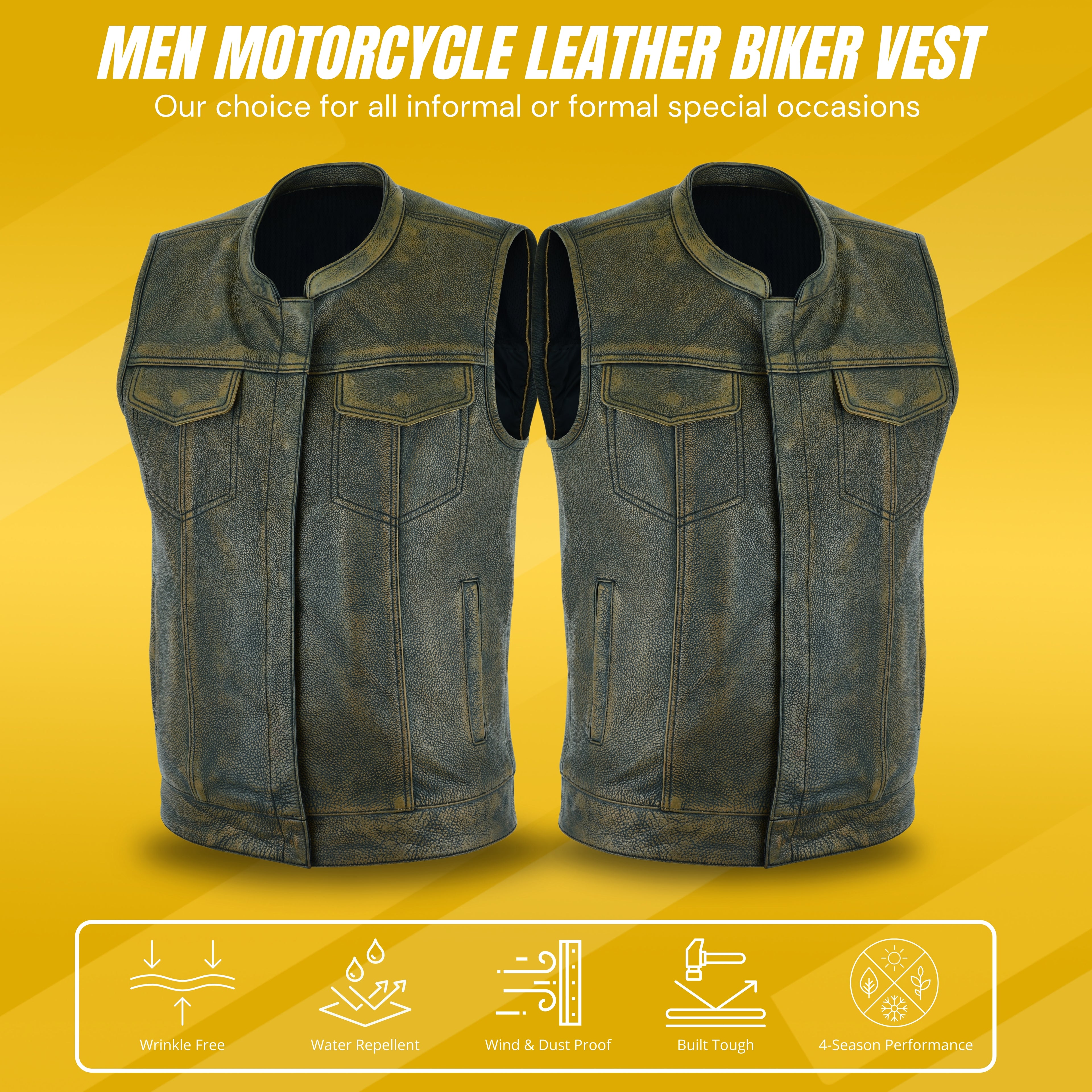 Men's Club Style Motorcycle Vest – Premium Beige Brown Leather Biker Vest with Concealed Gun Pockets and Patch-Ready Back