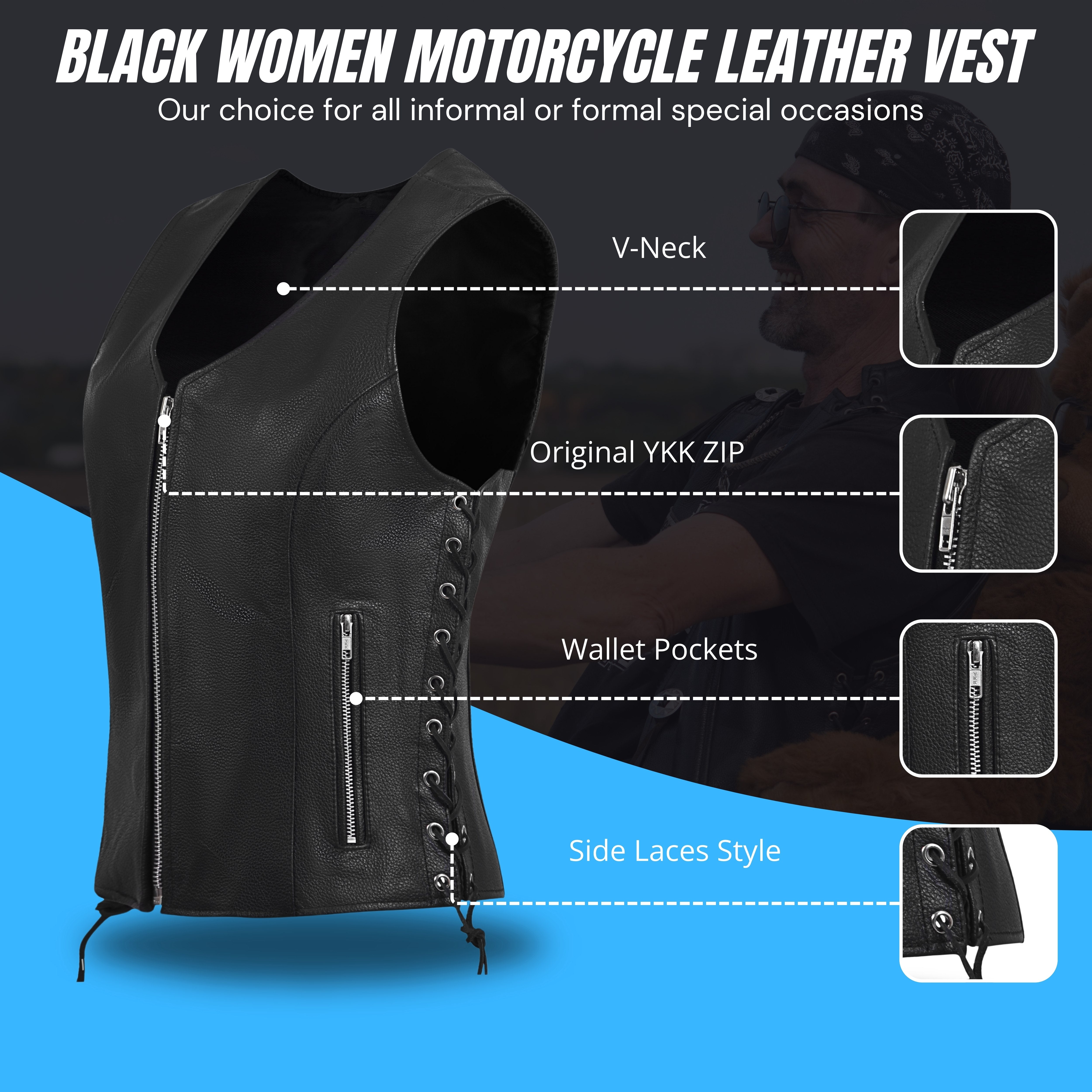Women's Black Leather Motorcycle Vest with Front Zipper & Side Lace – by Rexons