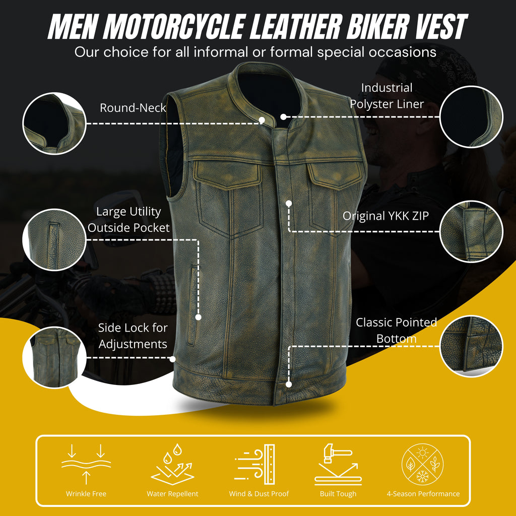 Men's Club Style Motorcycle Vest – Premium Beige Brown Leather Biker Vest with Concealed Gun Pockets and Patch-Ready Back