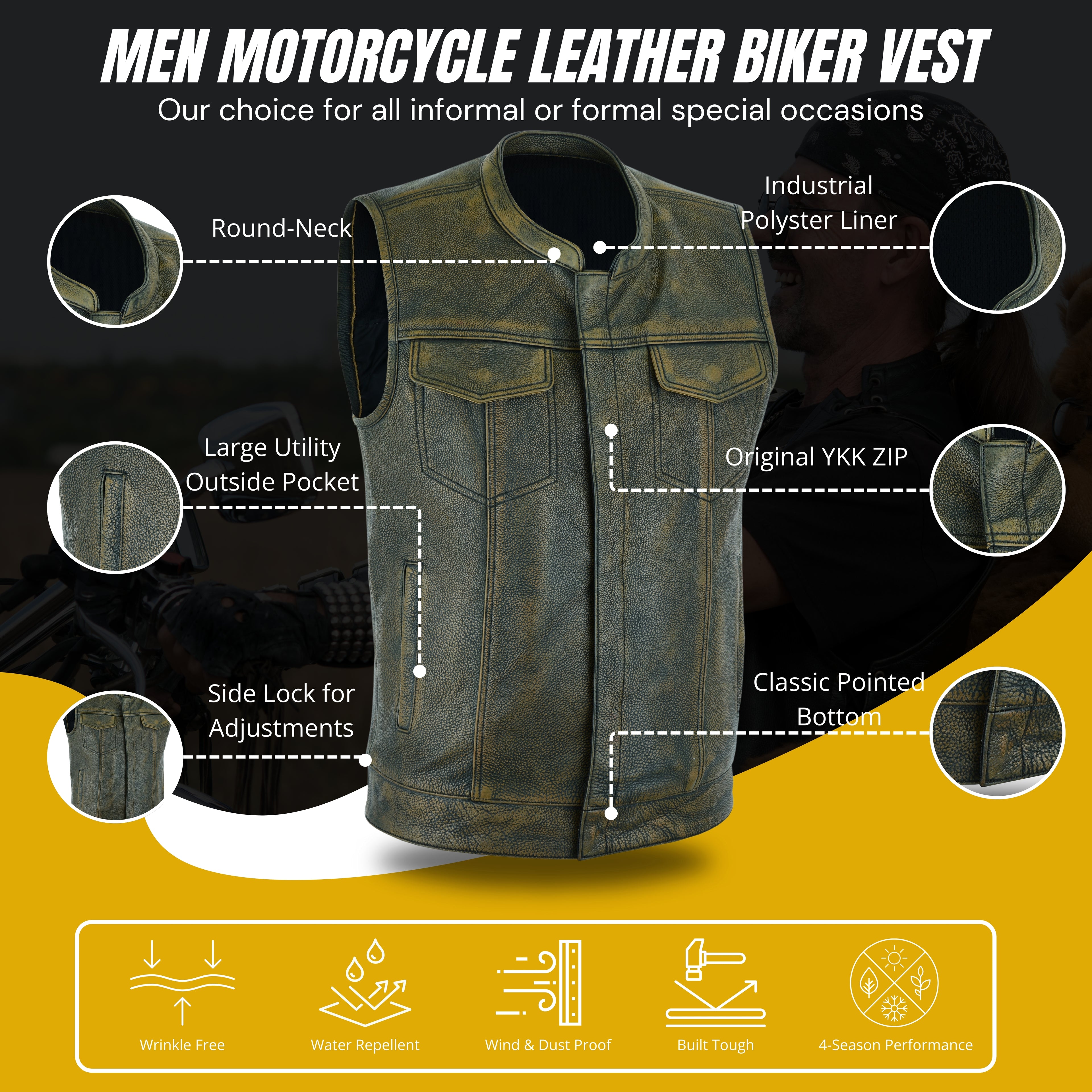 Men's Club Style Motorcycle Vest – Premium Beige Brown Leather Biker Vest with Concealed Gun Pockets and Patch-Ready Back