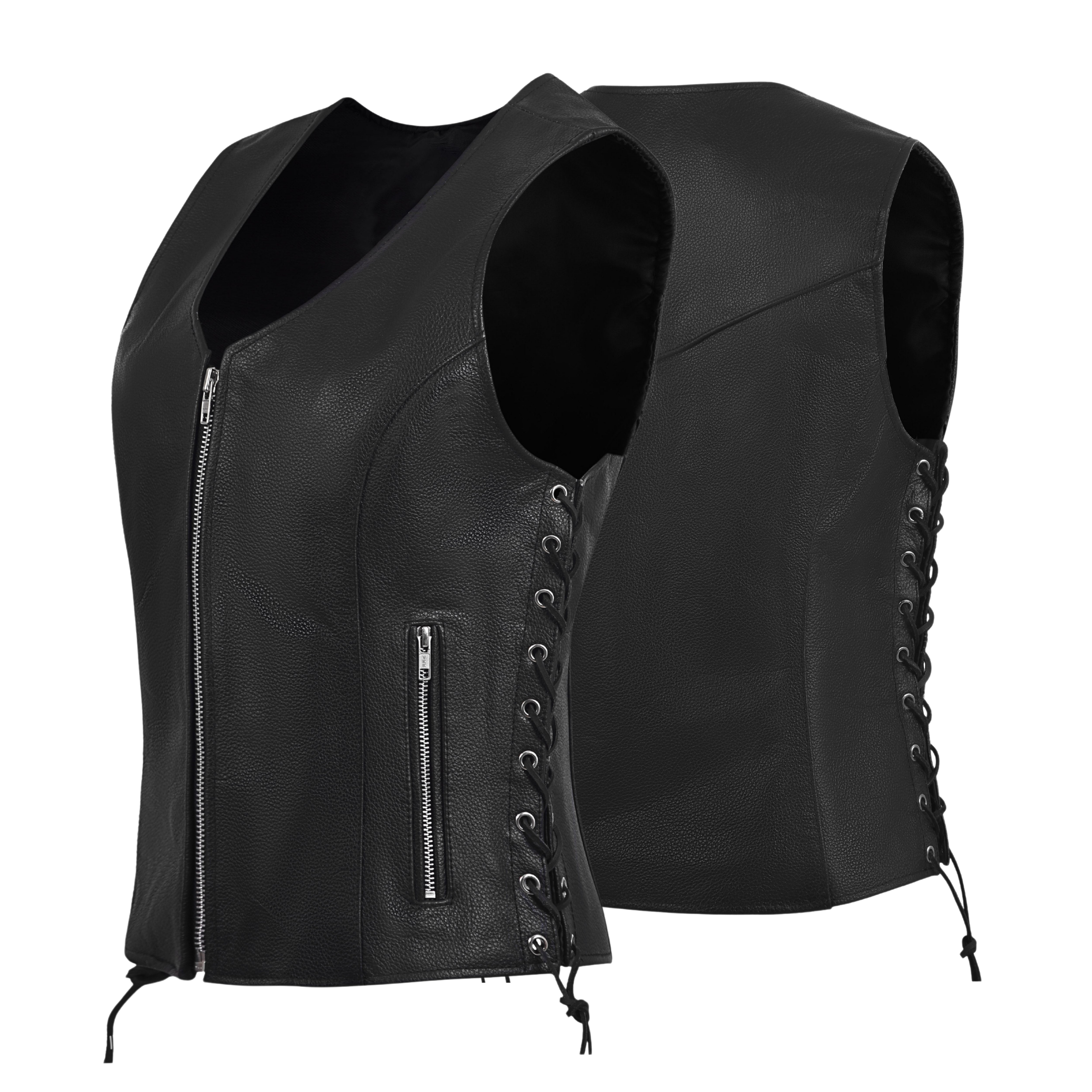 Women's Black Leather Motorcycle Vest with Front Zipper & Side Lace – by Rexons