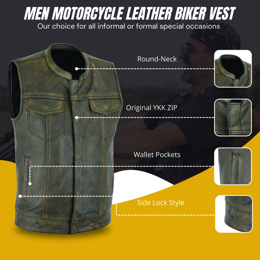 Men's Club Style Motorcycle Vest – Premium Beige Brown Leather Biker Vest with Concealed Gun Pockets and Patch-Ready Back