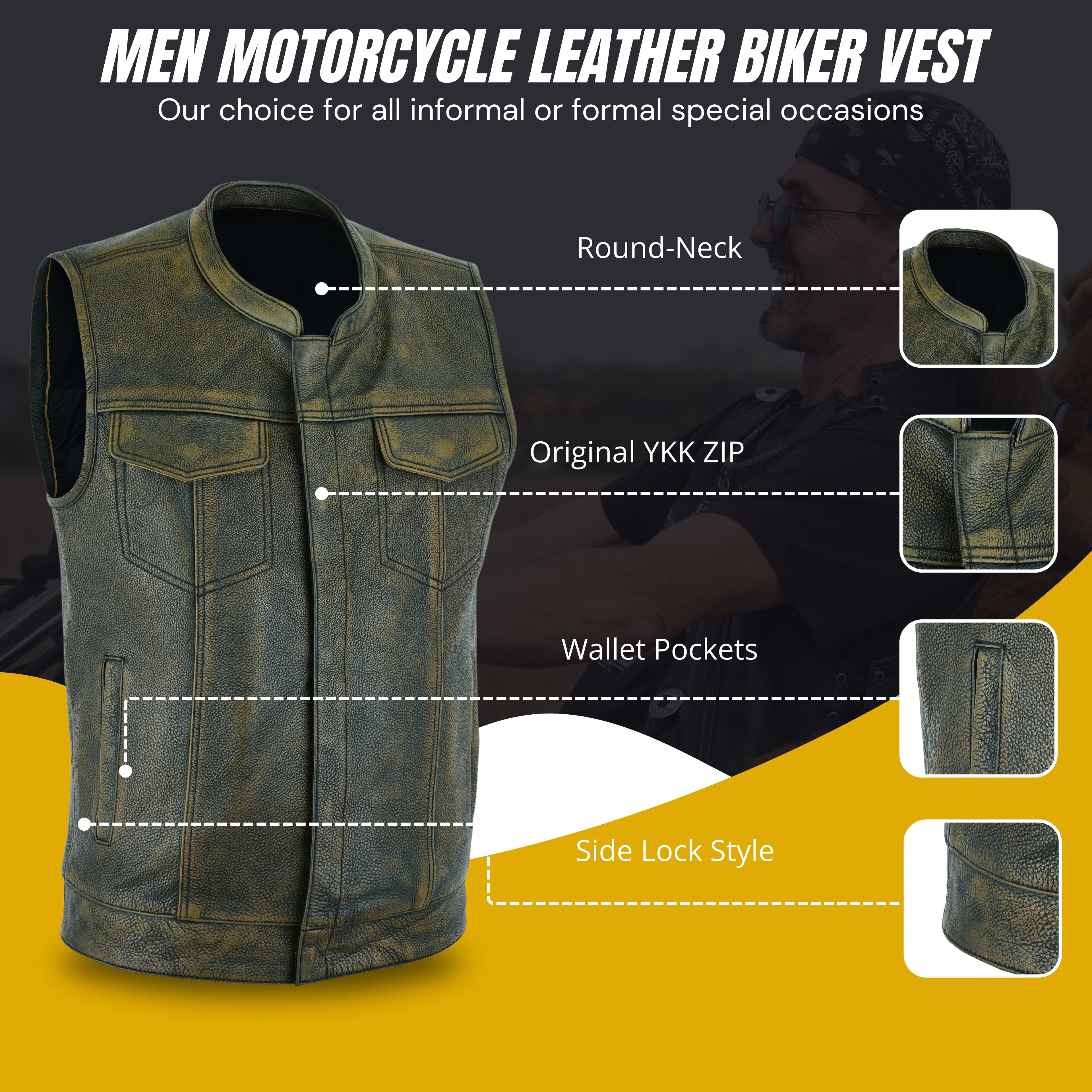 Men's Club Style Motorcycle Vest – Premium Beige Brown Leather Biker Vest with Concealed Gun Pockets and Patch-Ready Back