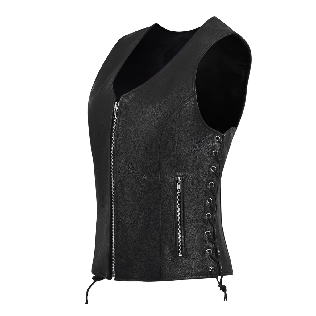 Women's Black Leather Motorcycle Vest with Front Zipper & Side Lace – by Rexons