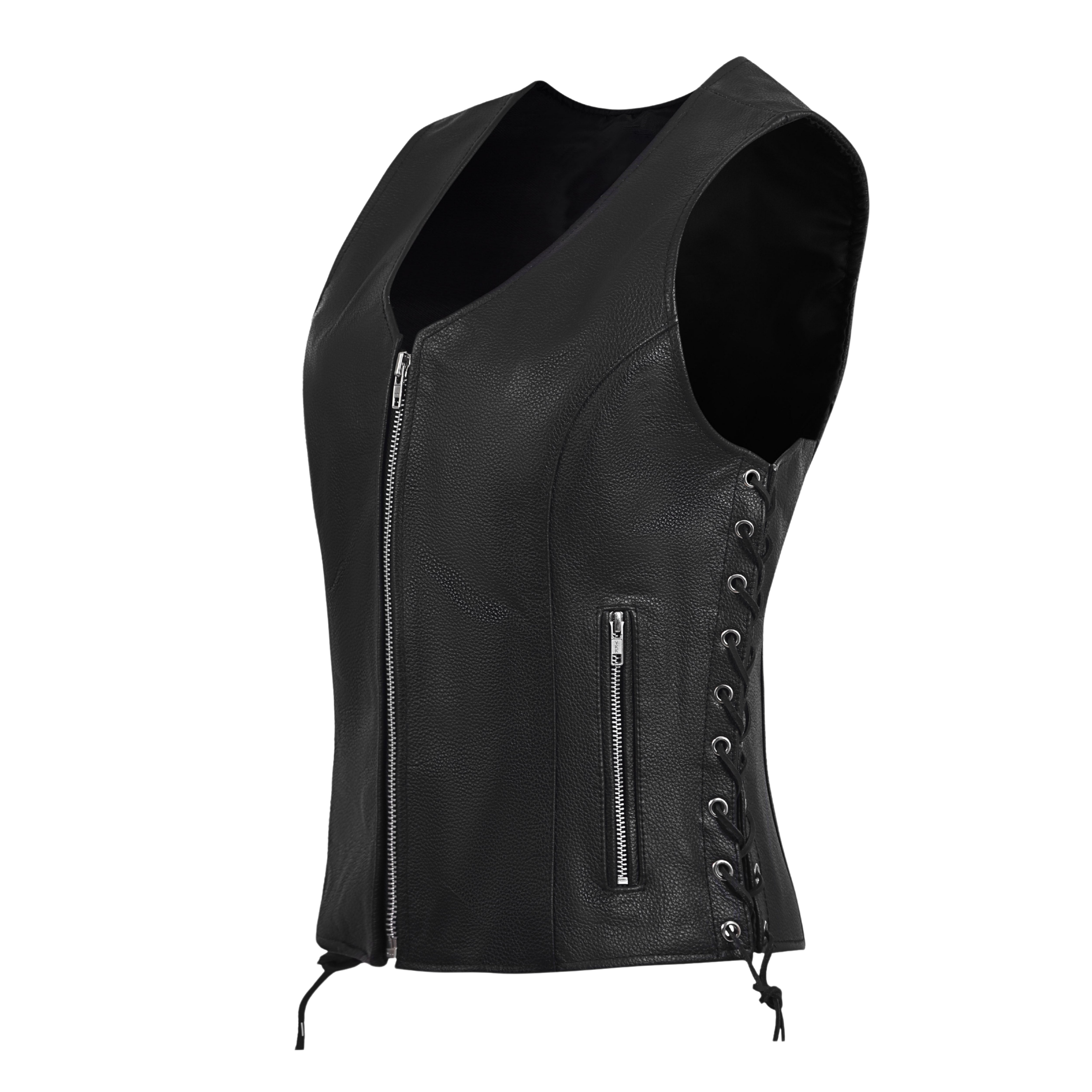 Women's Black Leather Motorcycle Vest with Front Zipper & Side Lace – by Rexons