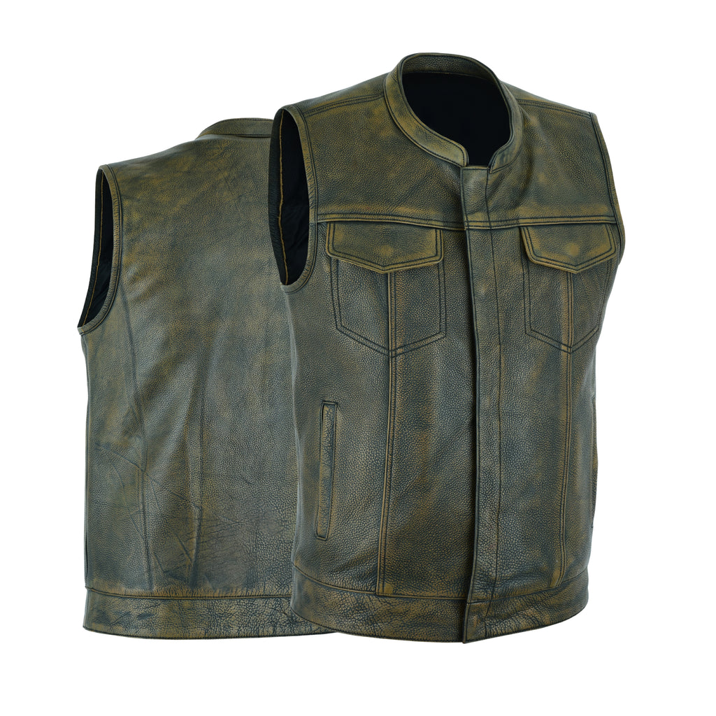 Men's Club Style Motorcycle Vest – Premium Beige Brown Leather Biker Vest with Concealed Gun Pockets and Patch-Ready Back