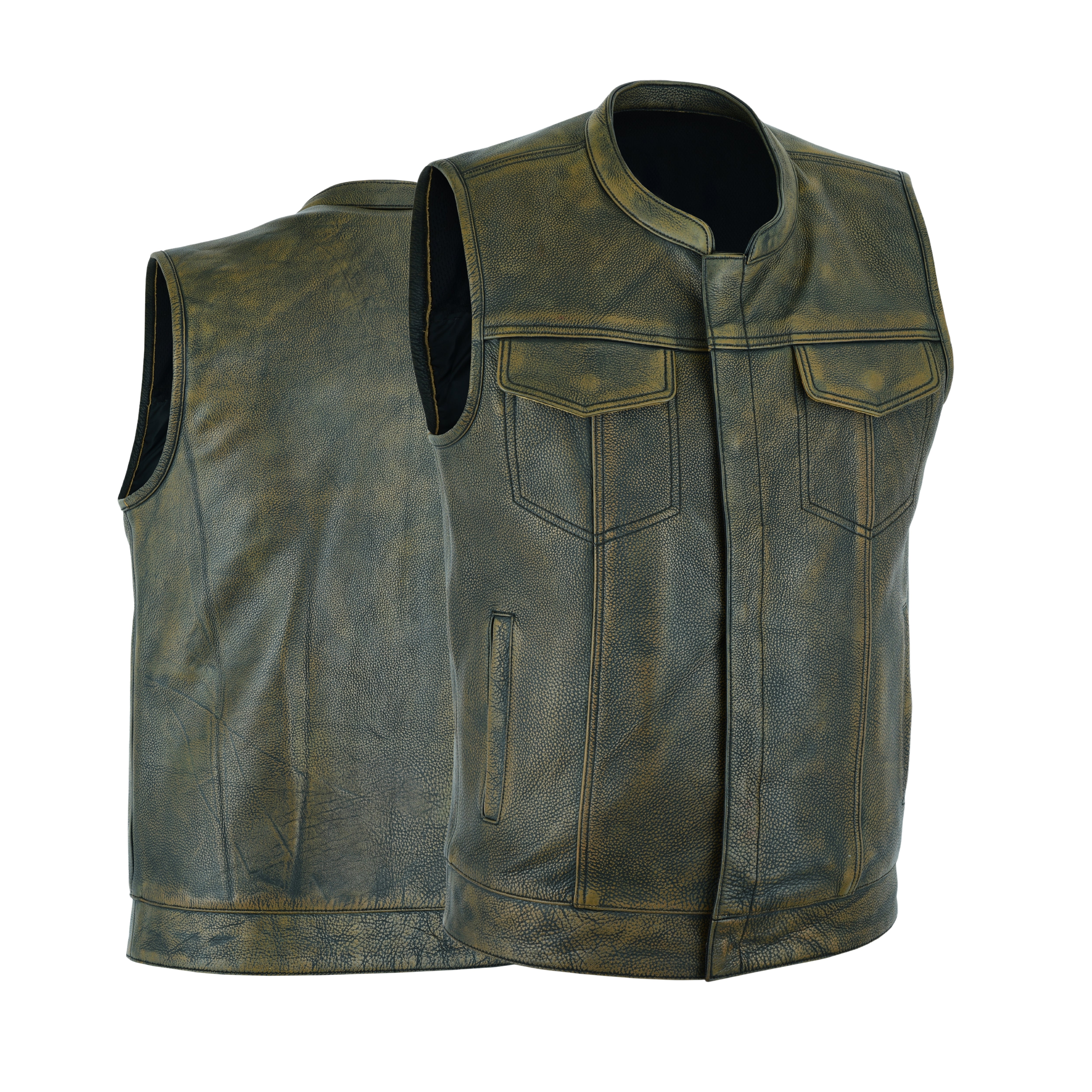 Men's Club Style Motorcycle Vest – Premium Beige Brown Leather Biker Vest with Concealed Gun Pockets and Patch-Ready Back