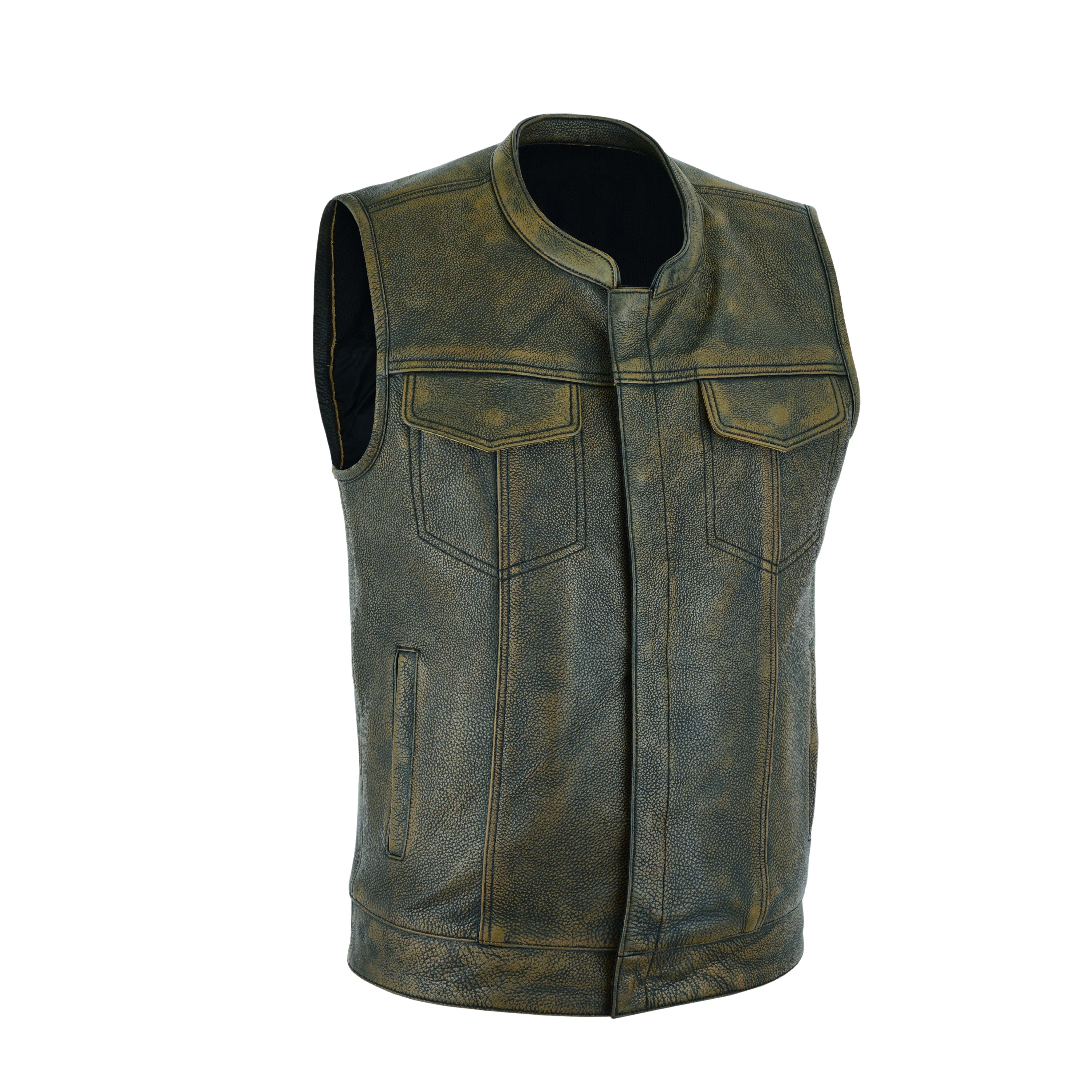 Men's Club Style Motorcycle Vest – Premium Beige Brown Leather Biker Vest with Concealed Gun Pockets and Patch-Ready Back