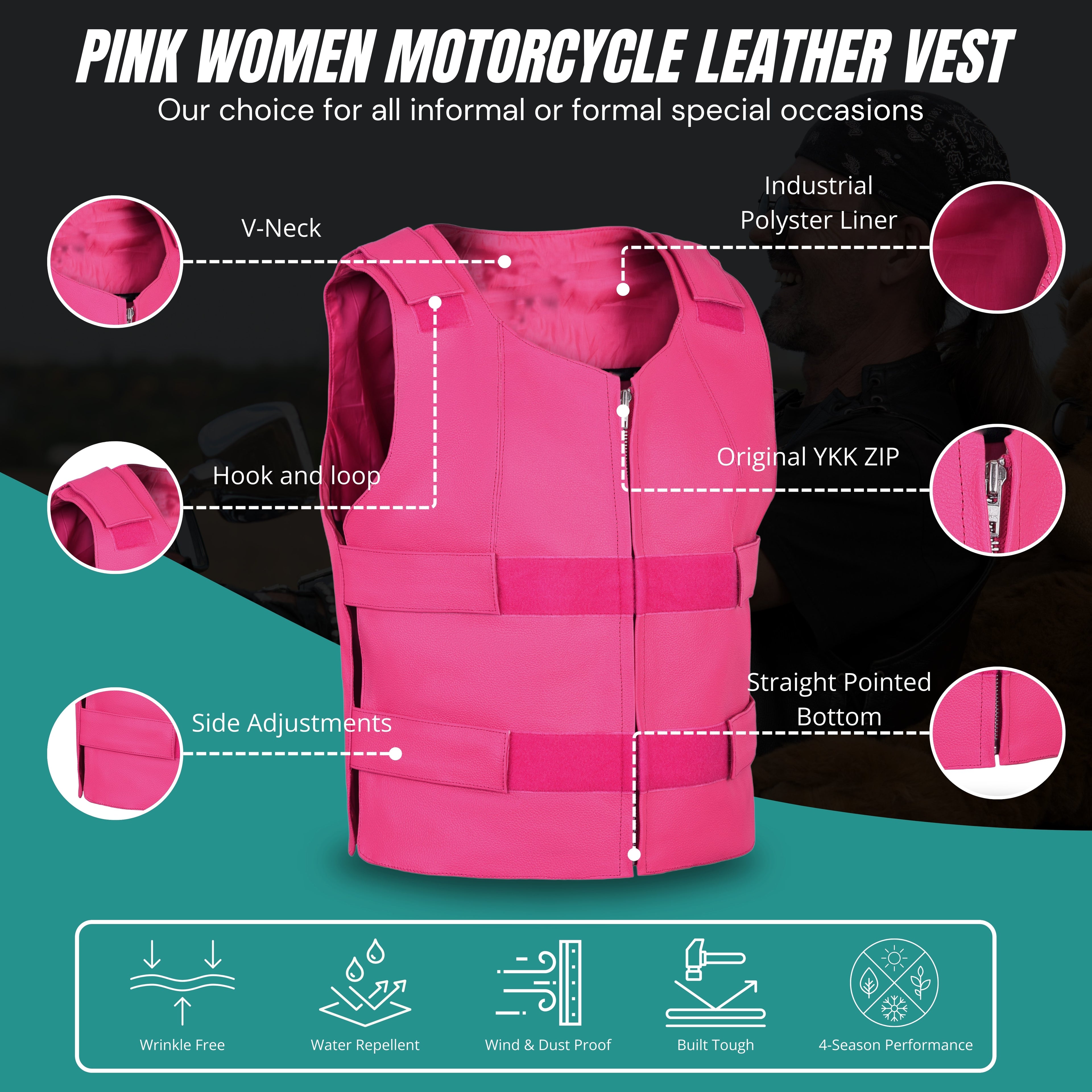 Women's Hot Pink Bulletproof Style Leather Vest – Biker Club Gear by Rexons
