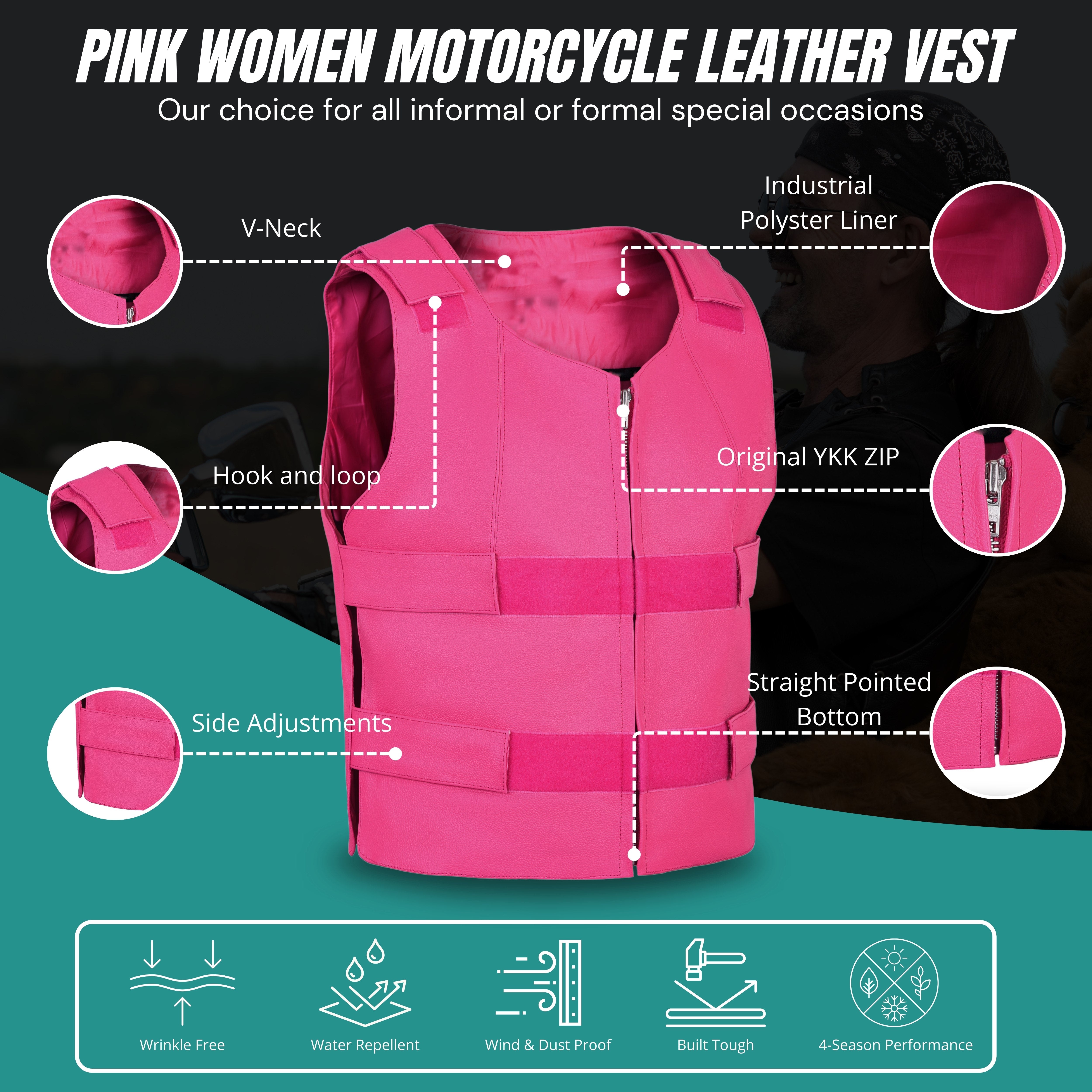 Women's Hot Pink Bulletproof Style Leather Vest – Biker Club Gear by Rexons
