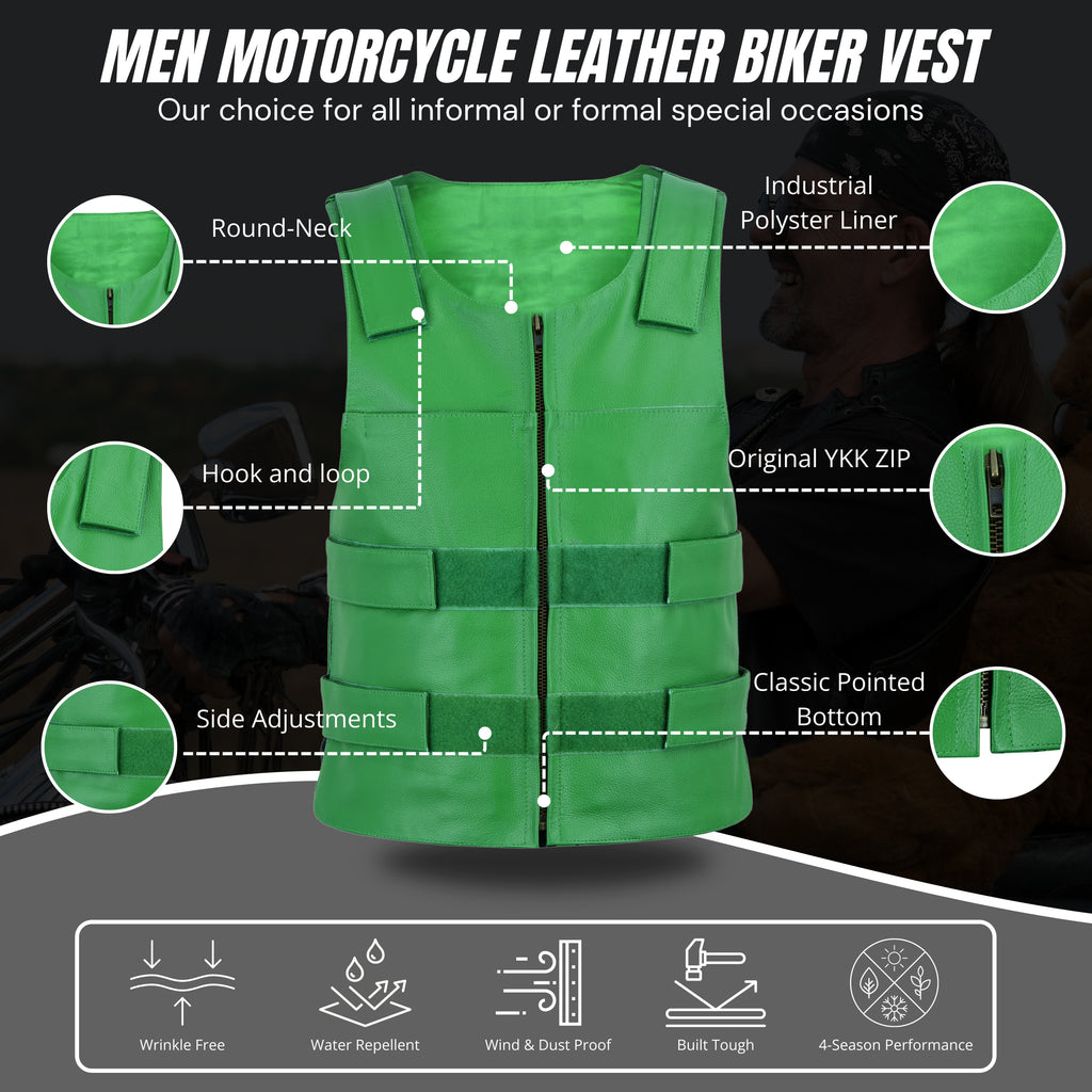 Men's Tactical Bulletproof-Style Green Leather Biker Vest – Military-Inspired Streetwear by Rexons
