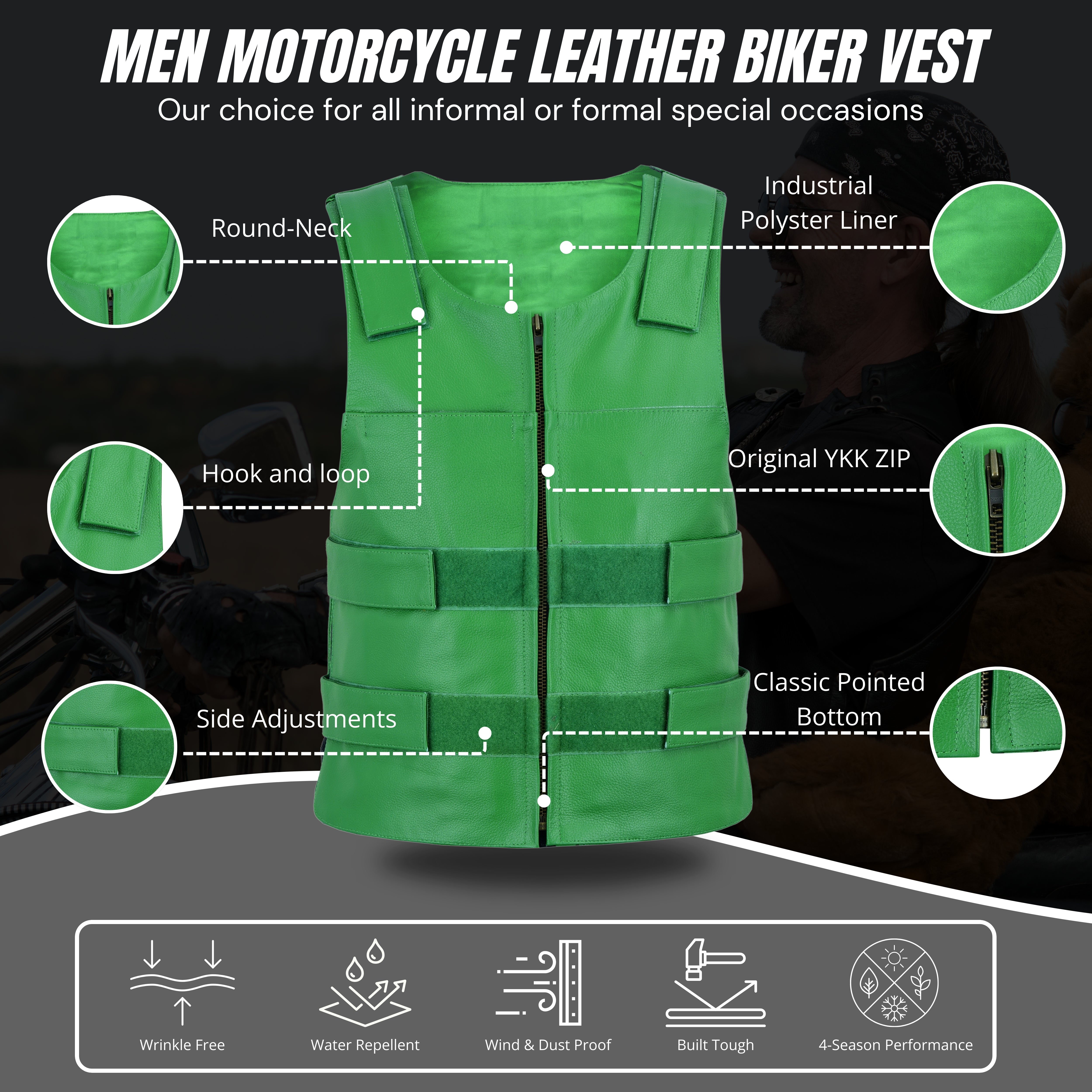 Men's Tactical Bulletproof-Style Green Leather Biker Vest – Military-Inspired Streetwear by Rexons