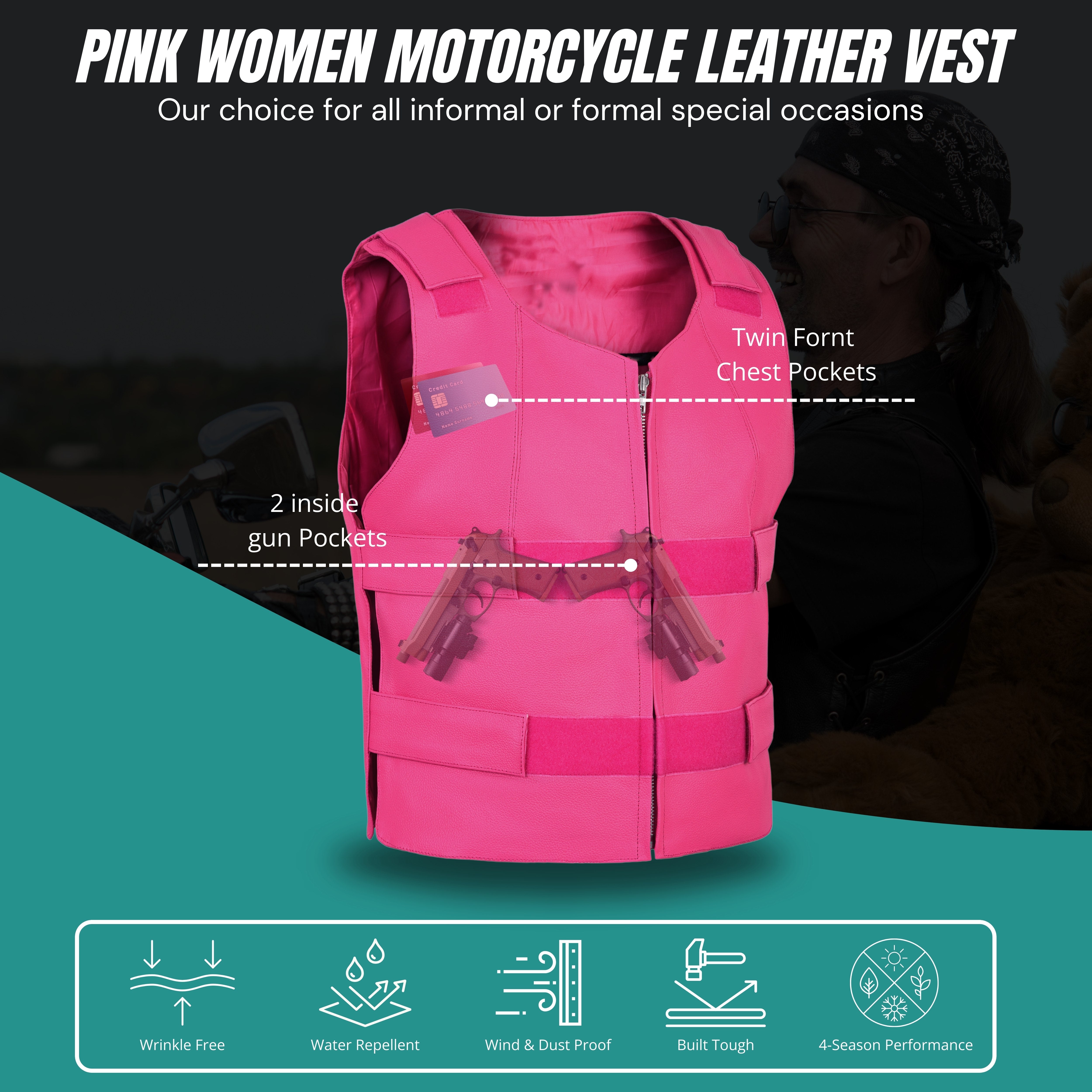 Women's Hot Pink Bulletproof Style Leather Vest – Biker Club Gear by Rexons
