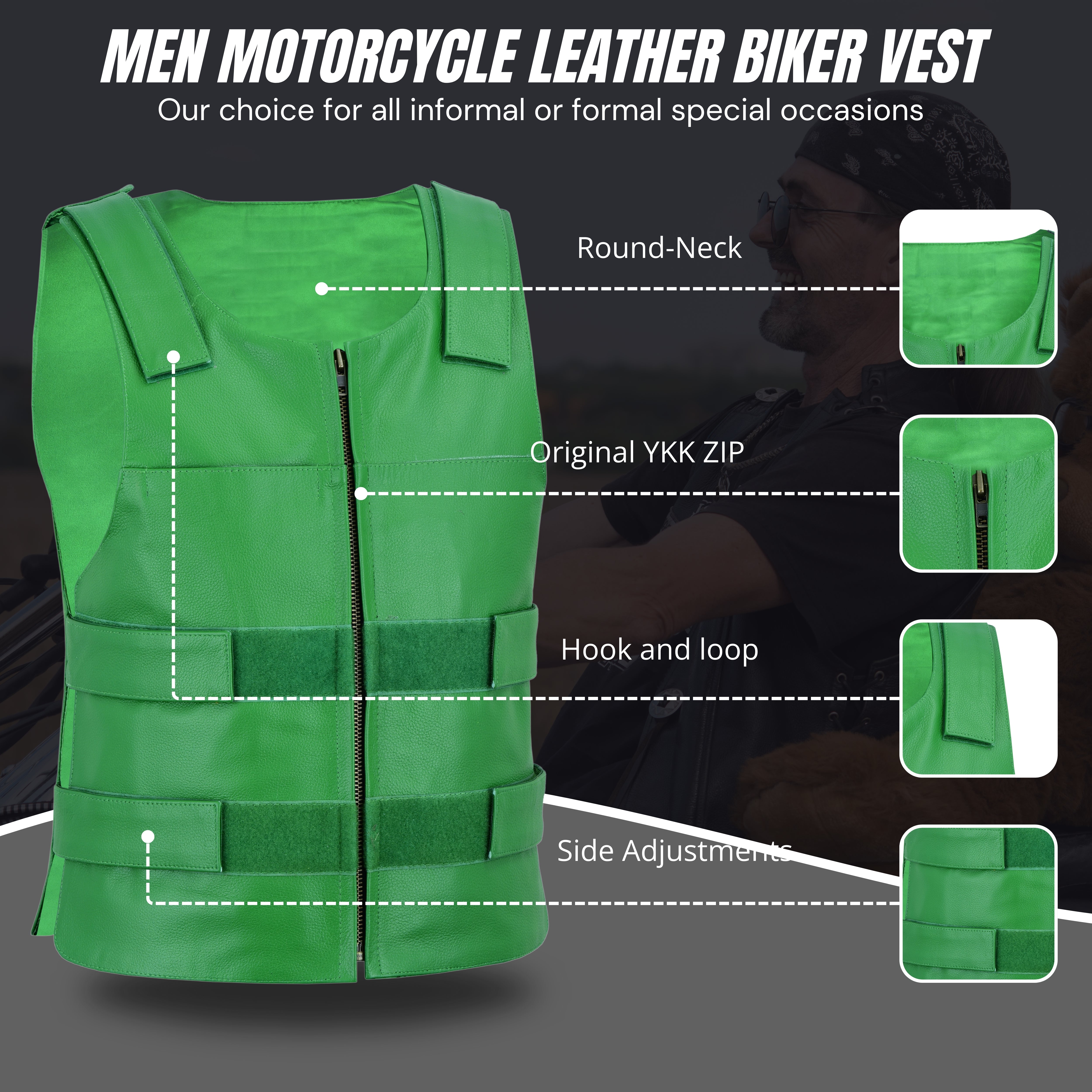 Men's Tactical Bulletproof-Style Green Leather Biker Vest – Military-Inspired Streetwear by Rexons