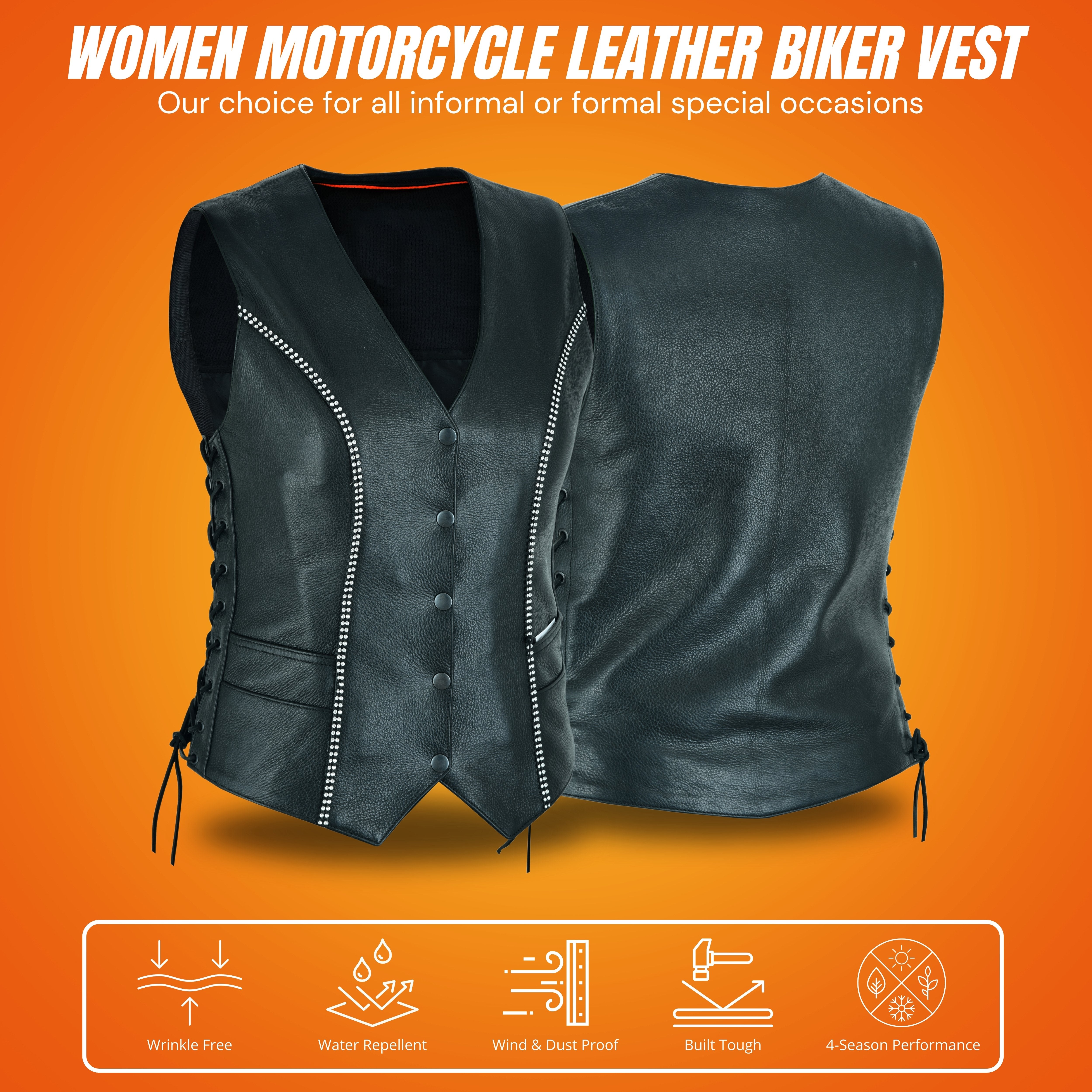 Women's Black Leather Motorcycle Bling Vest with Rhinestone Detailing – by Rexons