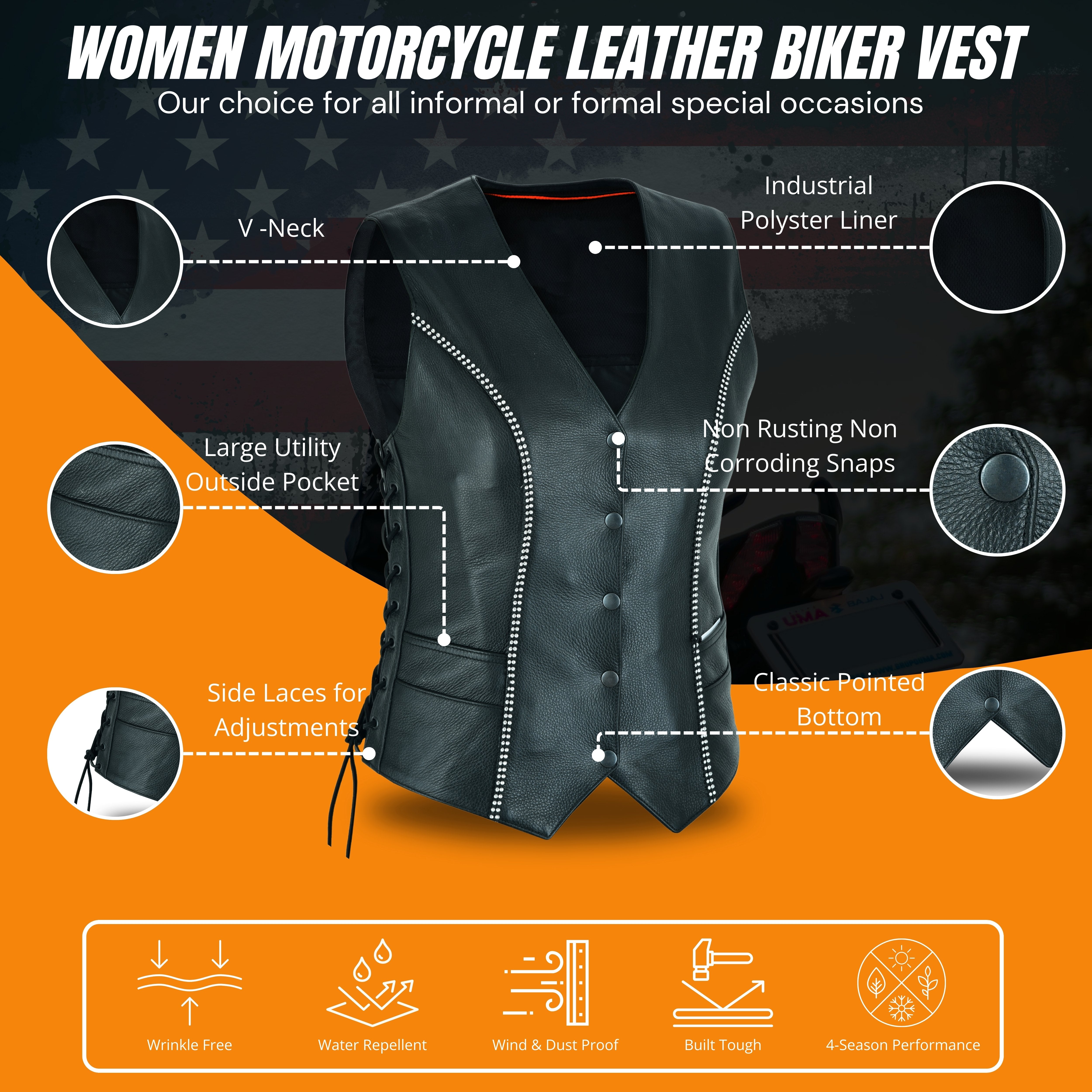 Women's Black Leather Motorcycle Bling Vest with Rhinestone Detailing – by Rexons