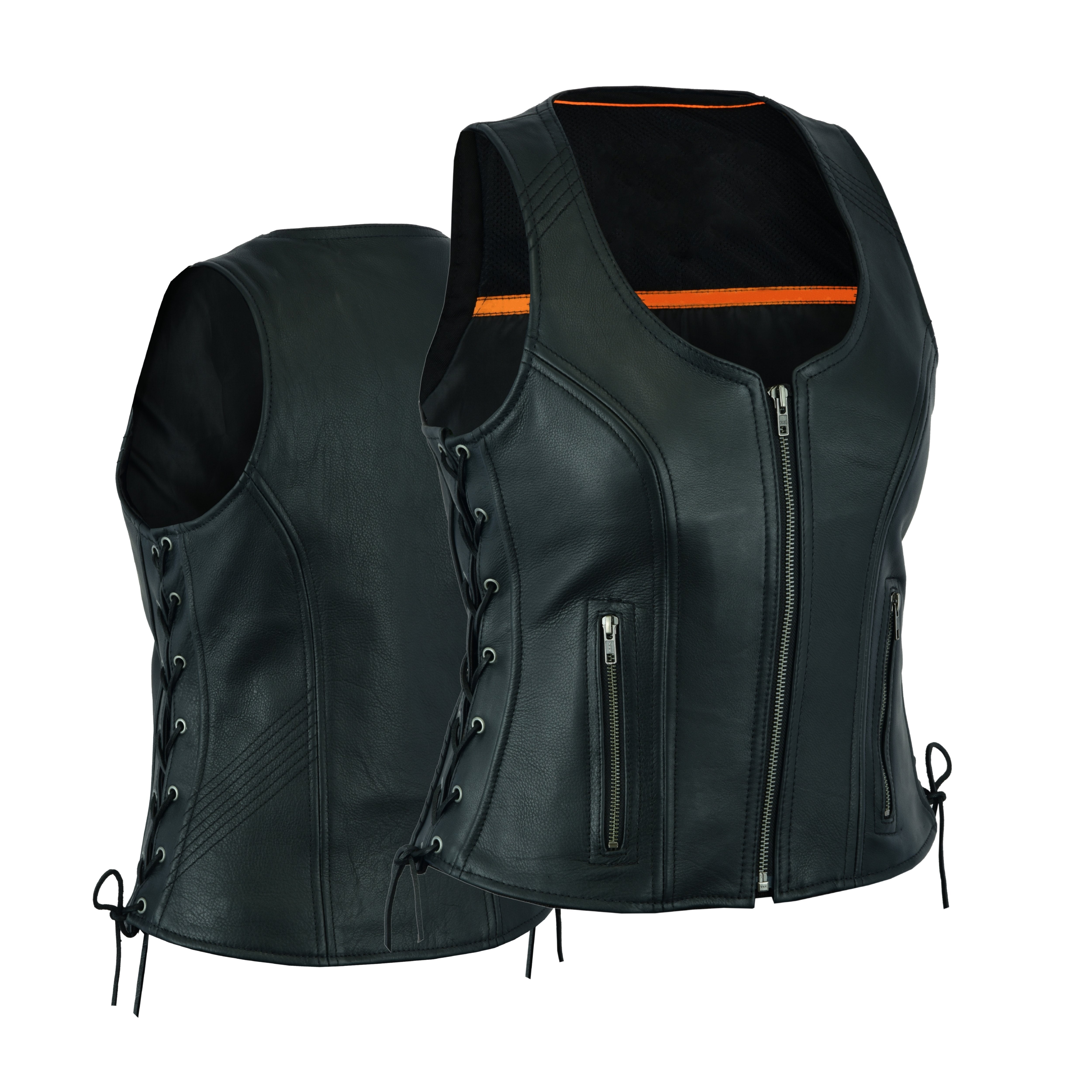 Women’s Black ‘Open Neck’ Motorcycle Leather Vest with Side Laces – Premium Biker Gear by Rexons
